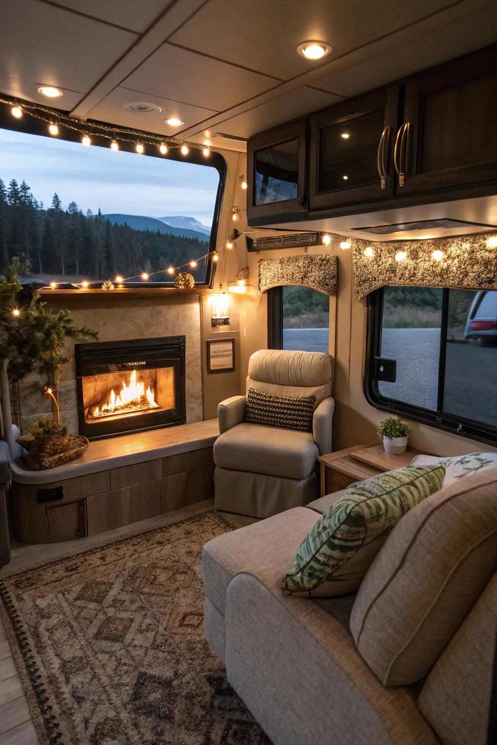 Welcoming seating spots encourage unwinding all around the fireplace.