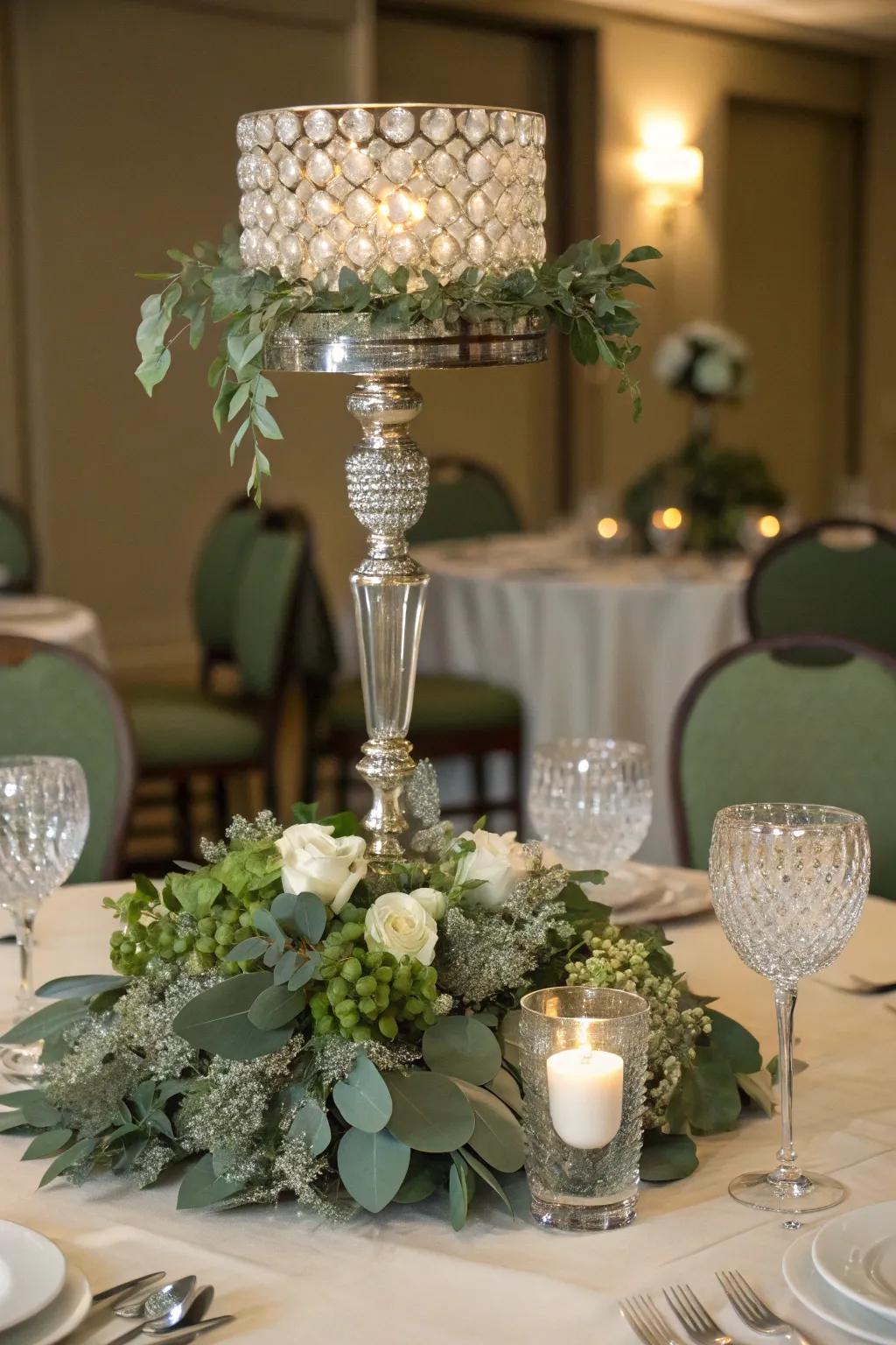 Crystal and sage green create a luxurious and sparkling centerpiece.