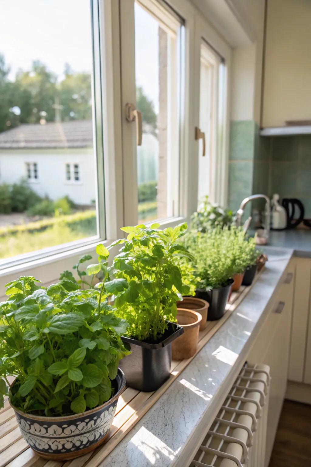 An indoor herb garden adds freshness and utility.