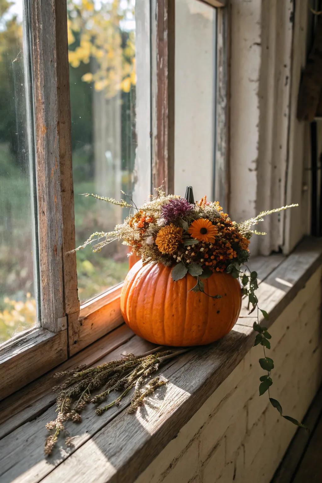 Pumpkin crowned with an enchanting floral arrangement.