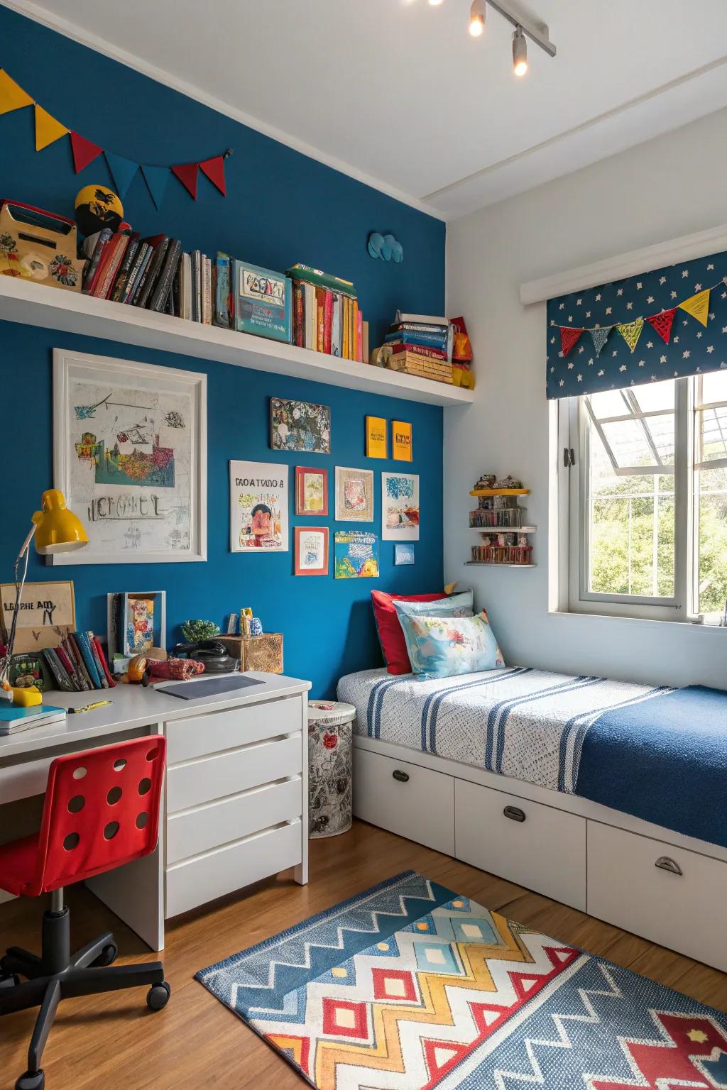 A bold blue accent wall adds vibrancy and energy to a boy's bedroom.