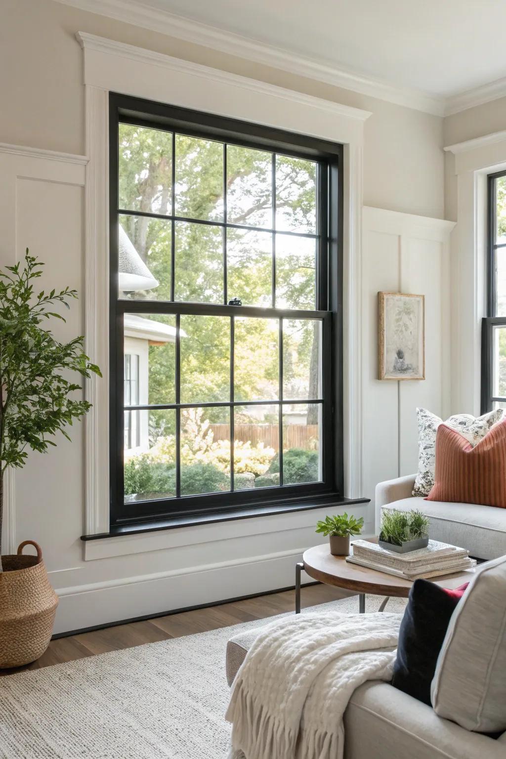 Black trim creates a striking contrast against bright walls.
