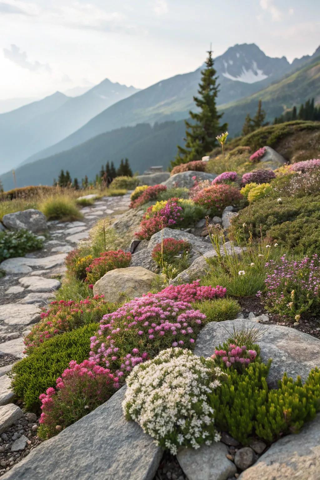 A colorful display of alpine plants bringing life to rocks.