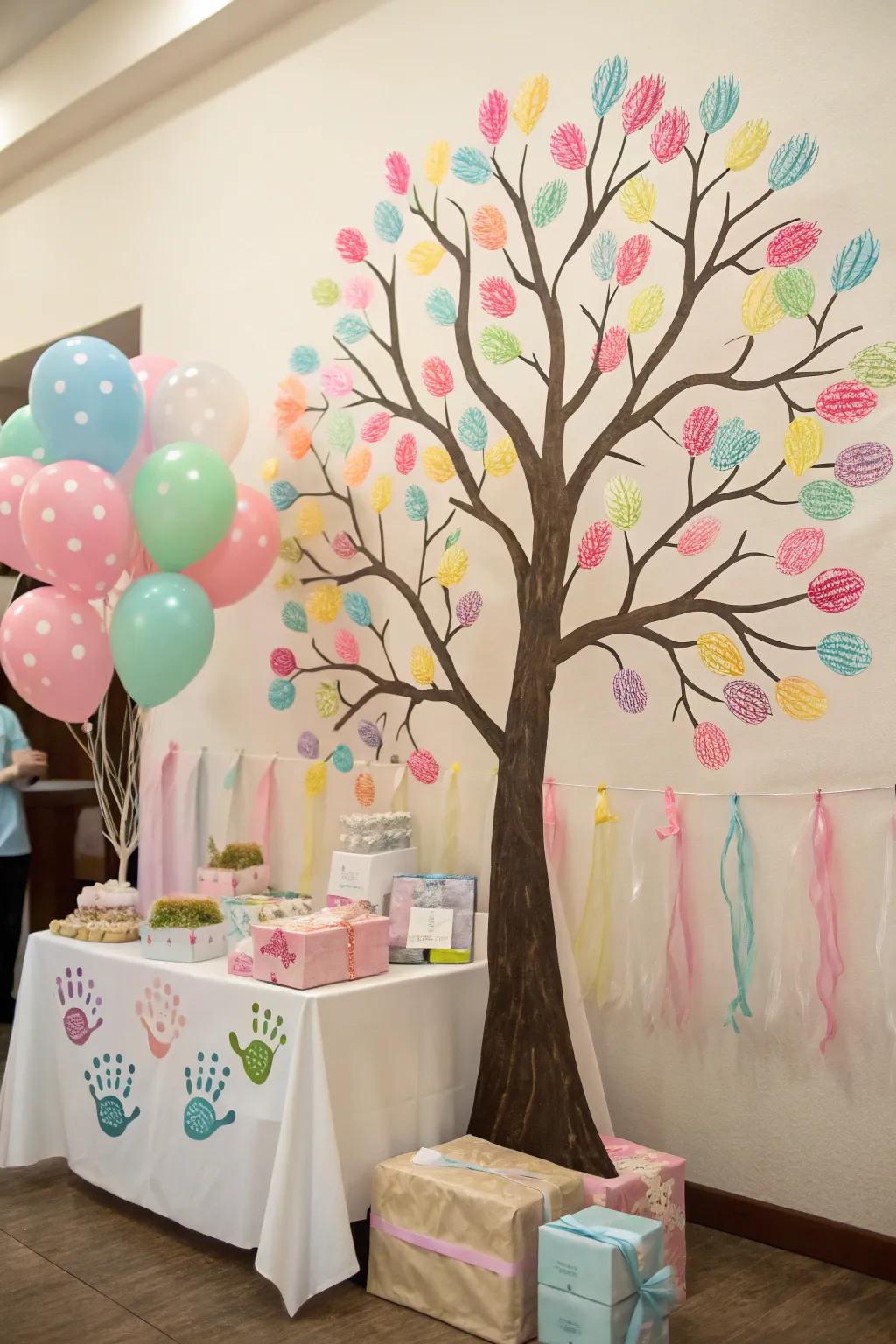 An artistic fingerprint tree with colorful fingerprints as leaves.