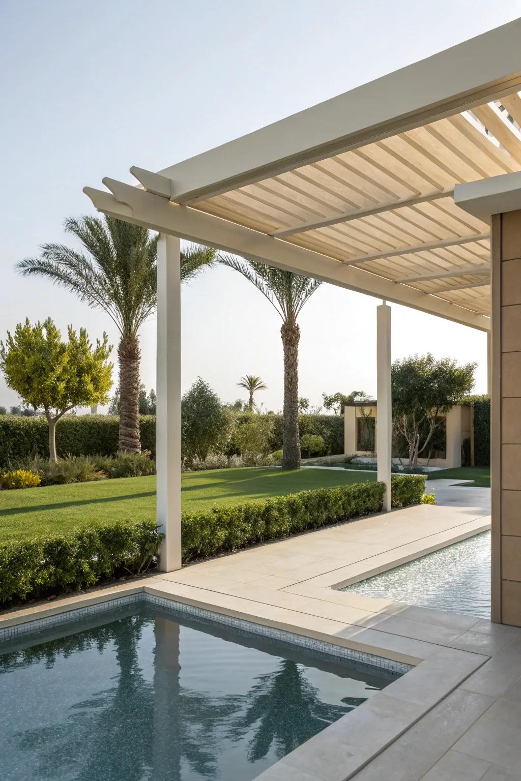 Modern pergola adds a touch of sophistication to the pool area.