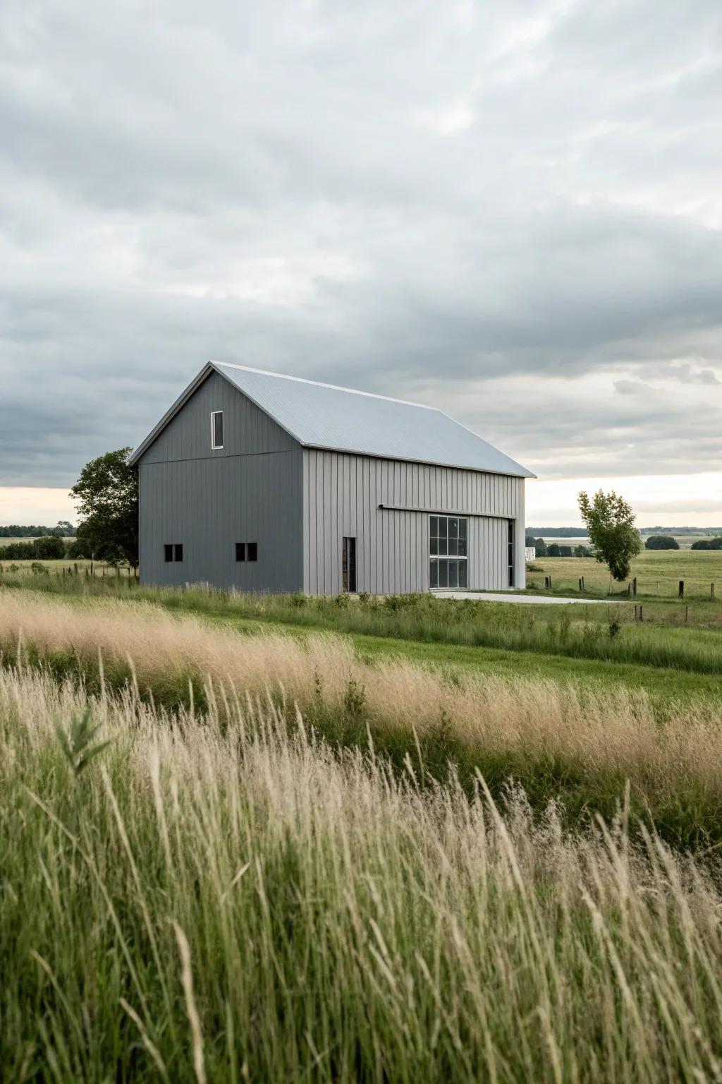 A modern gray barn showcasing sleek lines and contemporary aesthetics.