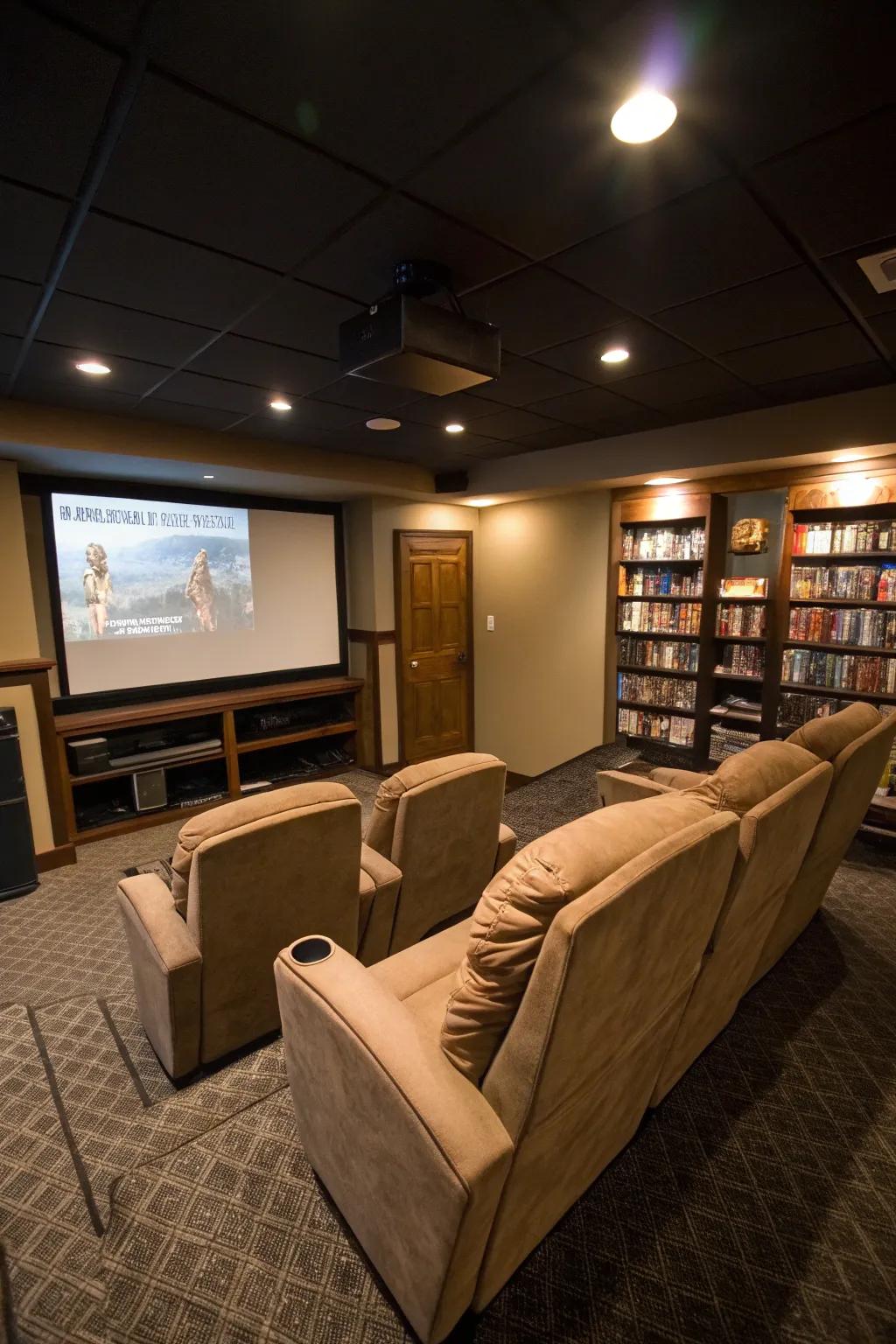 Basement home theater complete with recliner chairs and a large screen.