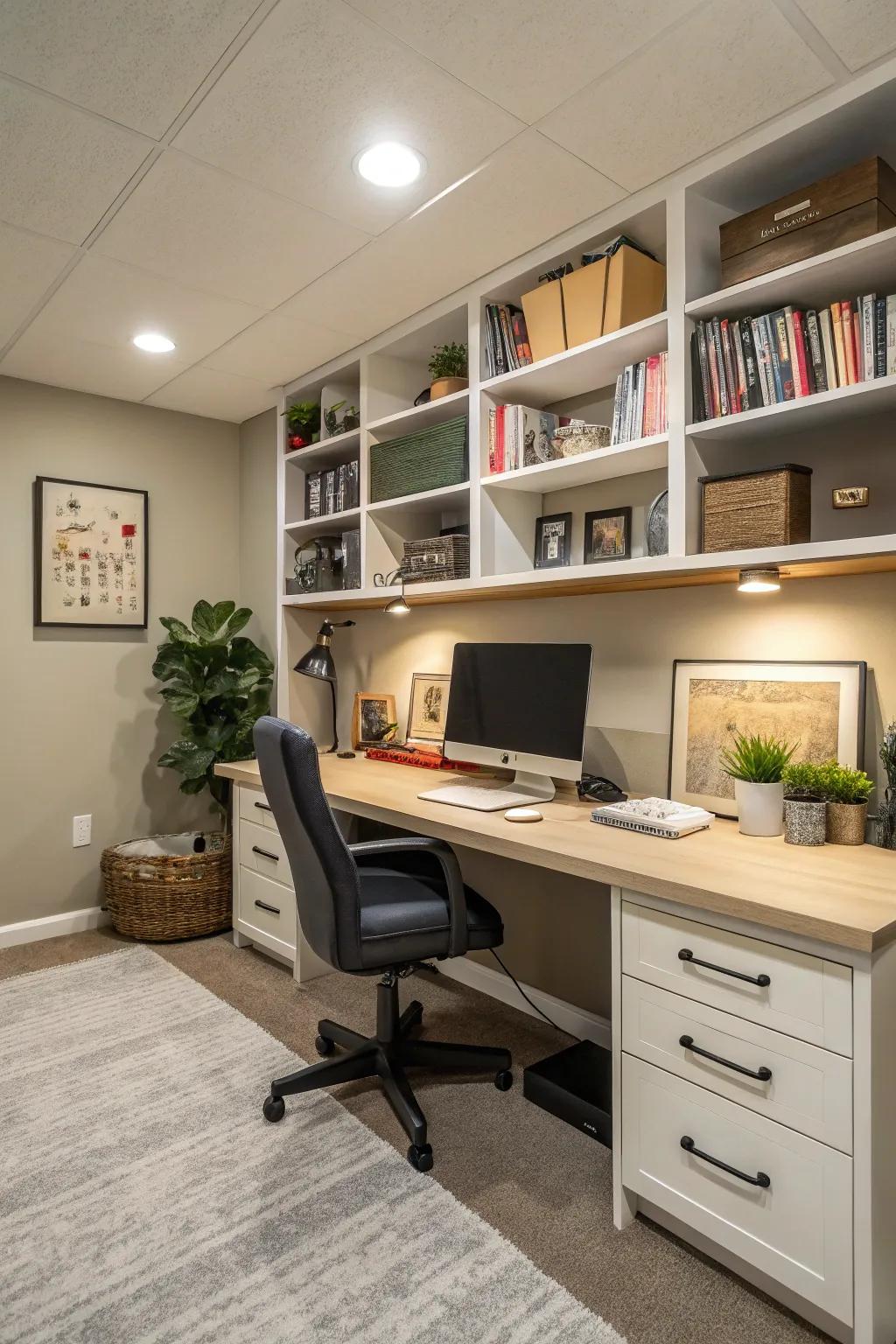 A modern home office in the basement with a spacious desk and organized shelves.