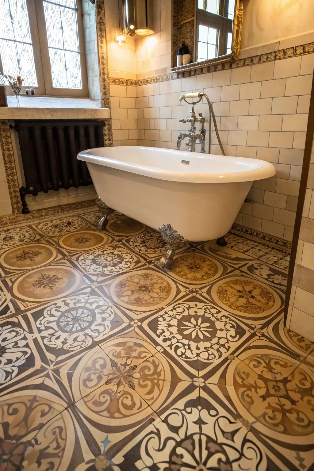 Intricate patterns on vinyl flooring provide a stunning focal point in this vintage-inspired bathroom.