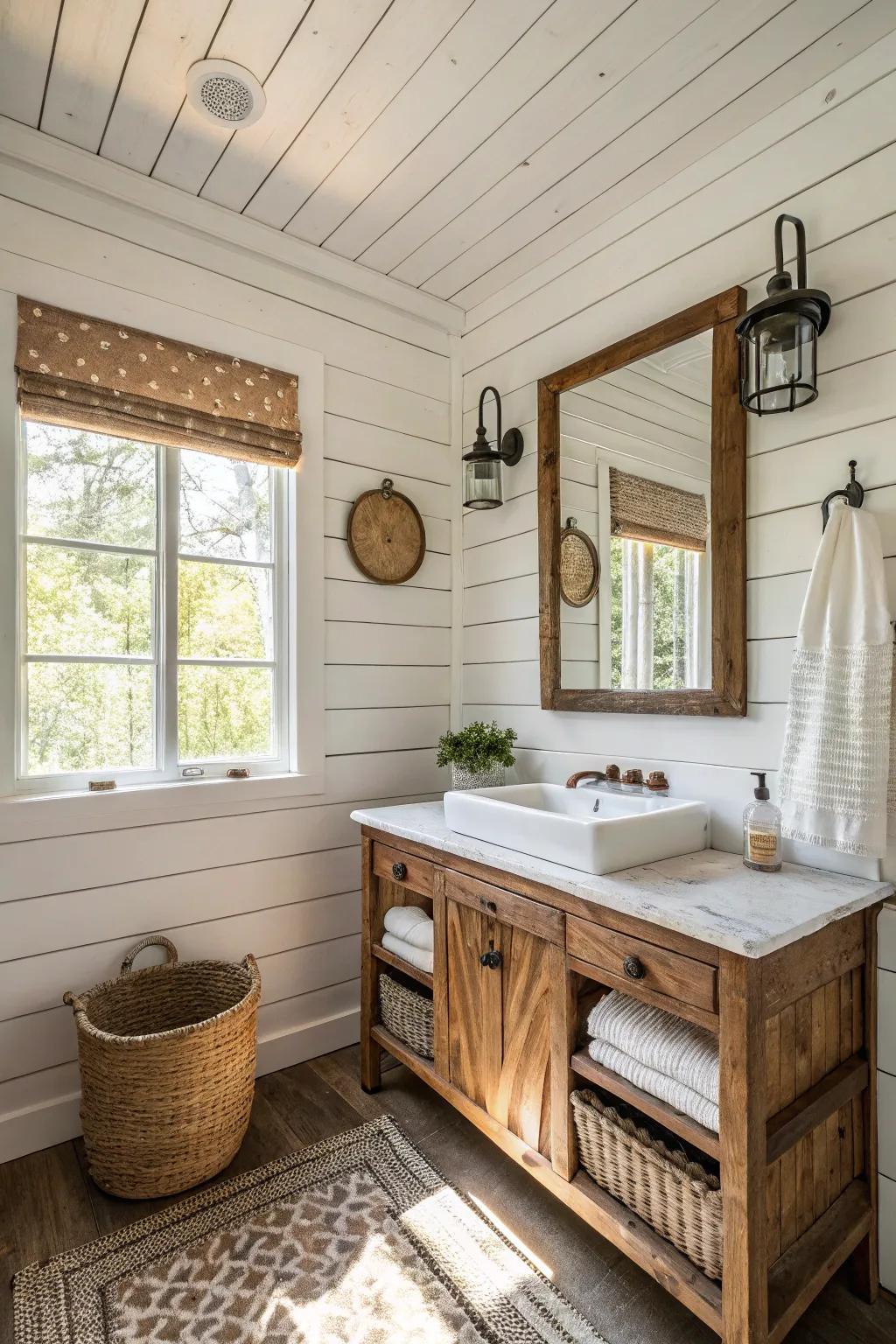 Shiplap paneling creates a relaxed, coastal feel.