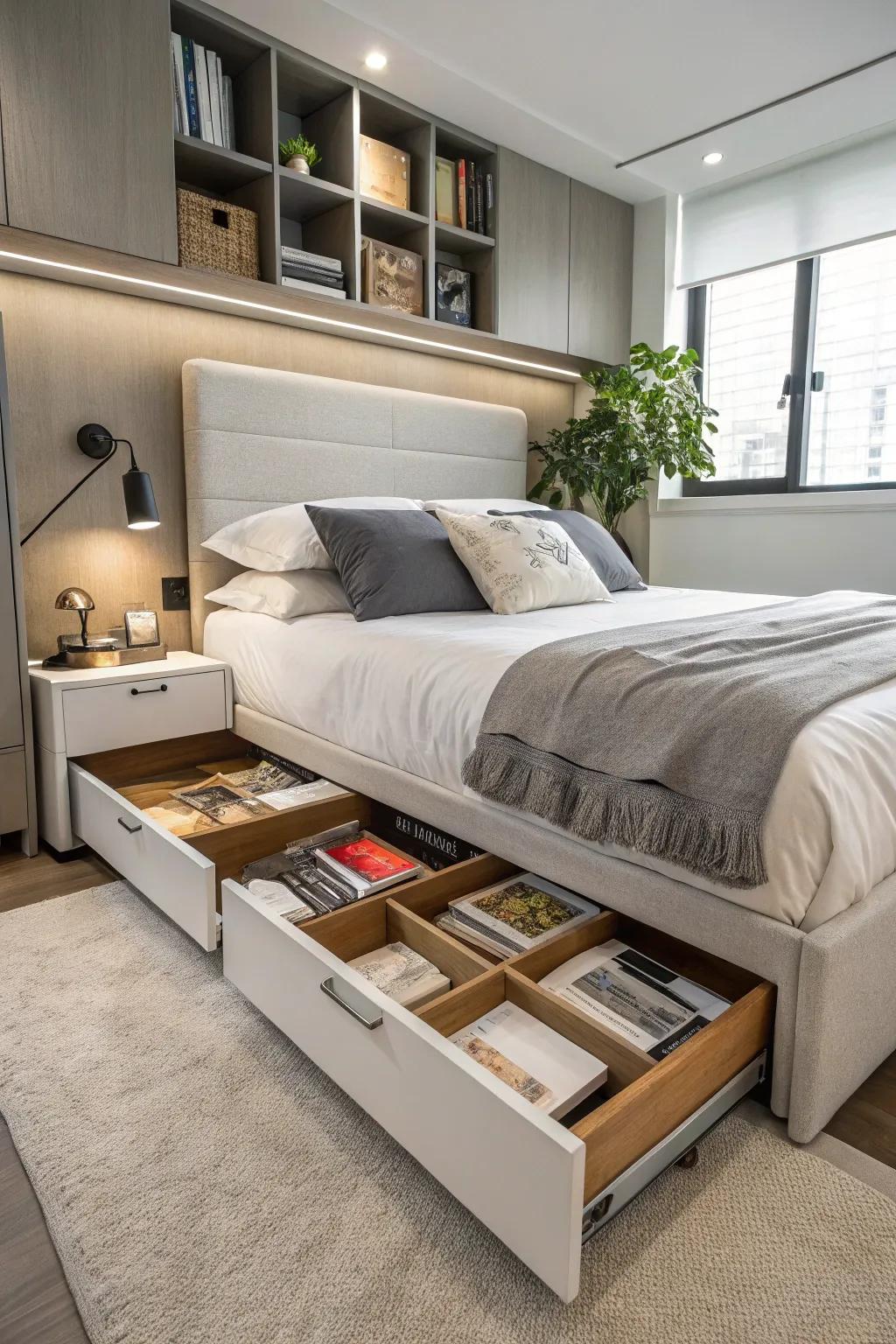 A bed frame with storage drawers offers both style and practicality.