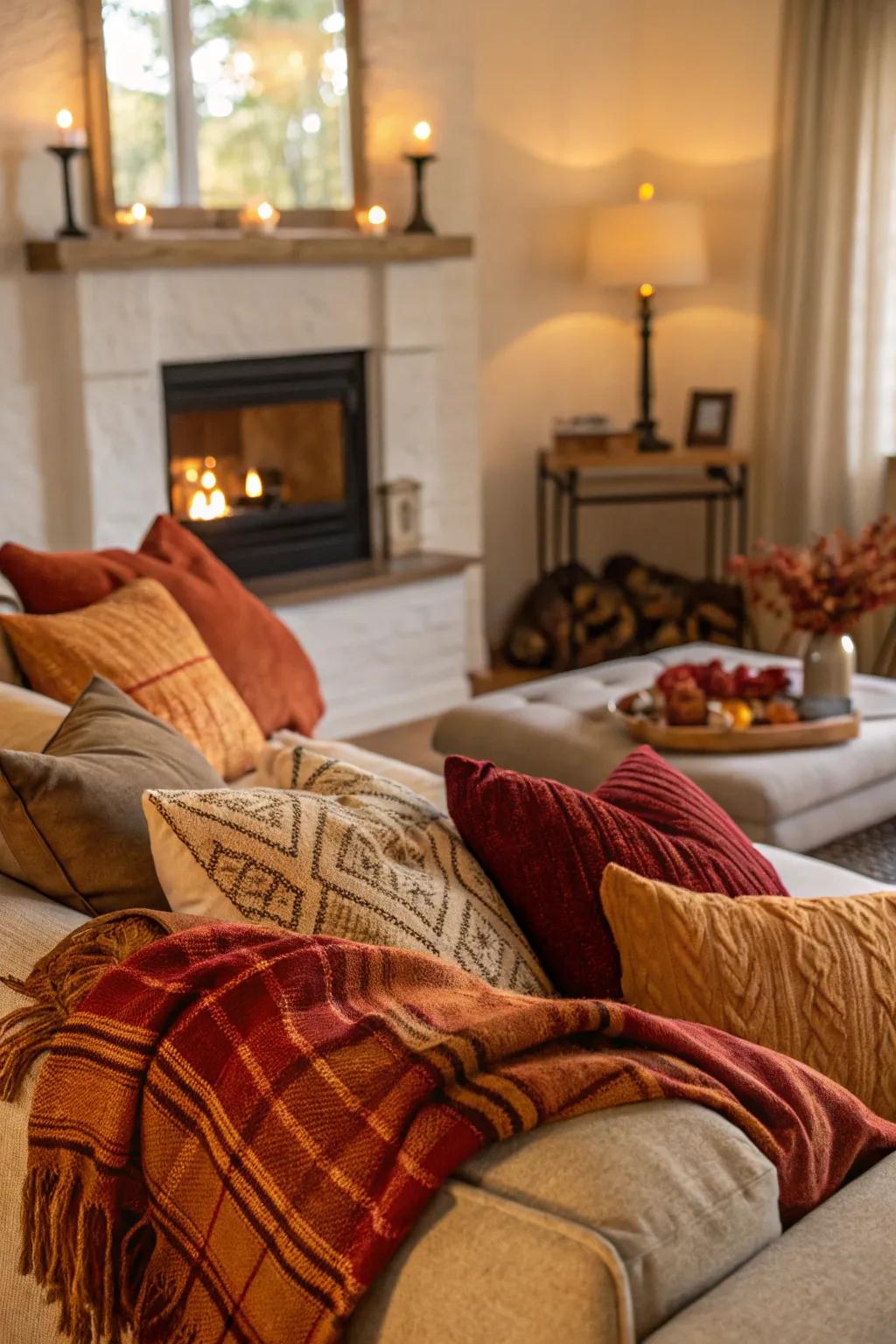 Create a snug atmosphere in your living room with warm-toned pillows and throws.