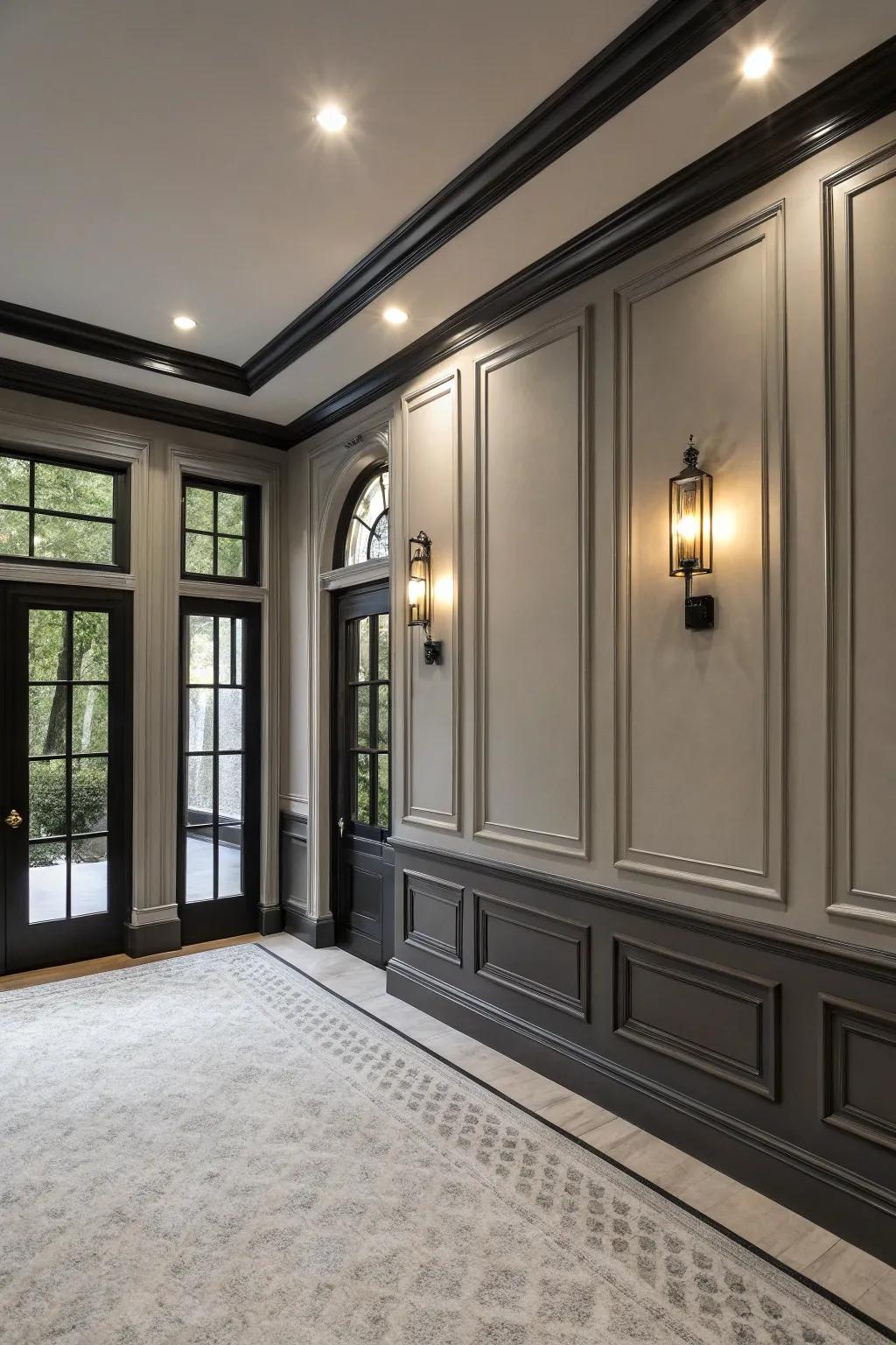 An elegant room showcasing soft grey walls with bold black trim.