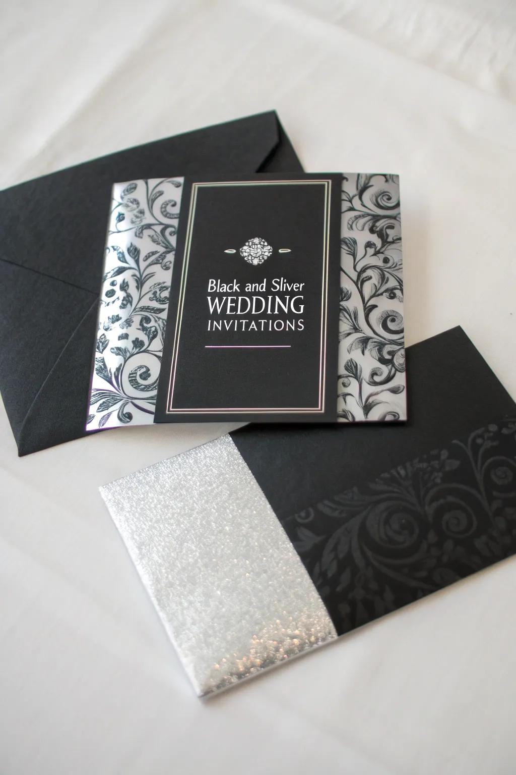 Sophisticated wedding invitations in black and silver.