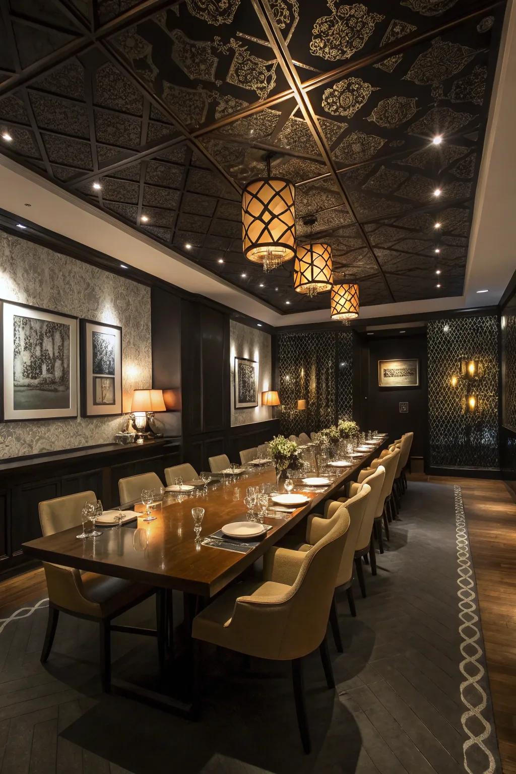 An exquisite dining room where a black ceiling establishes a mood for unforgettable meals.