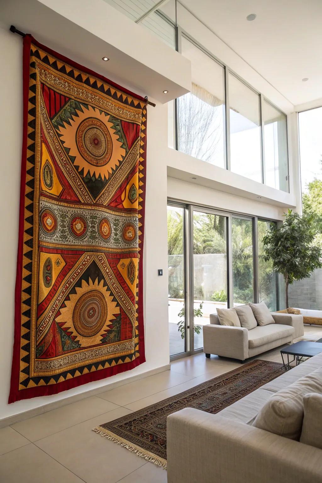 A wall hanging with lively African designs adds cultural depth.