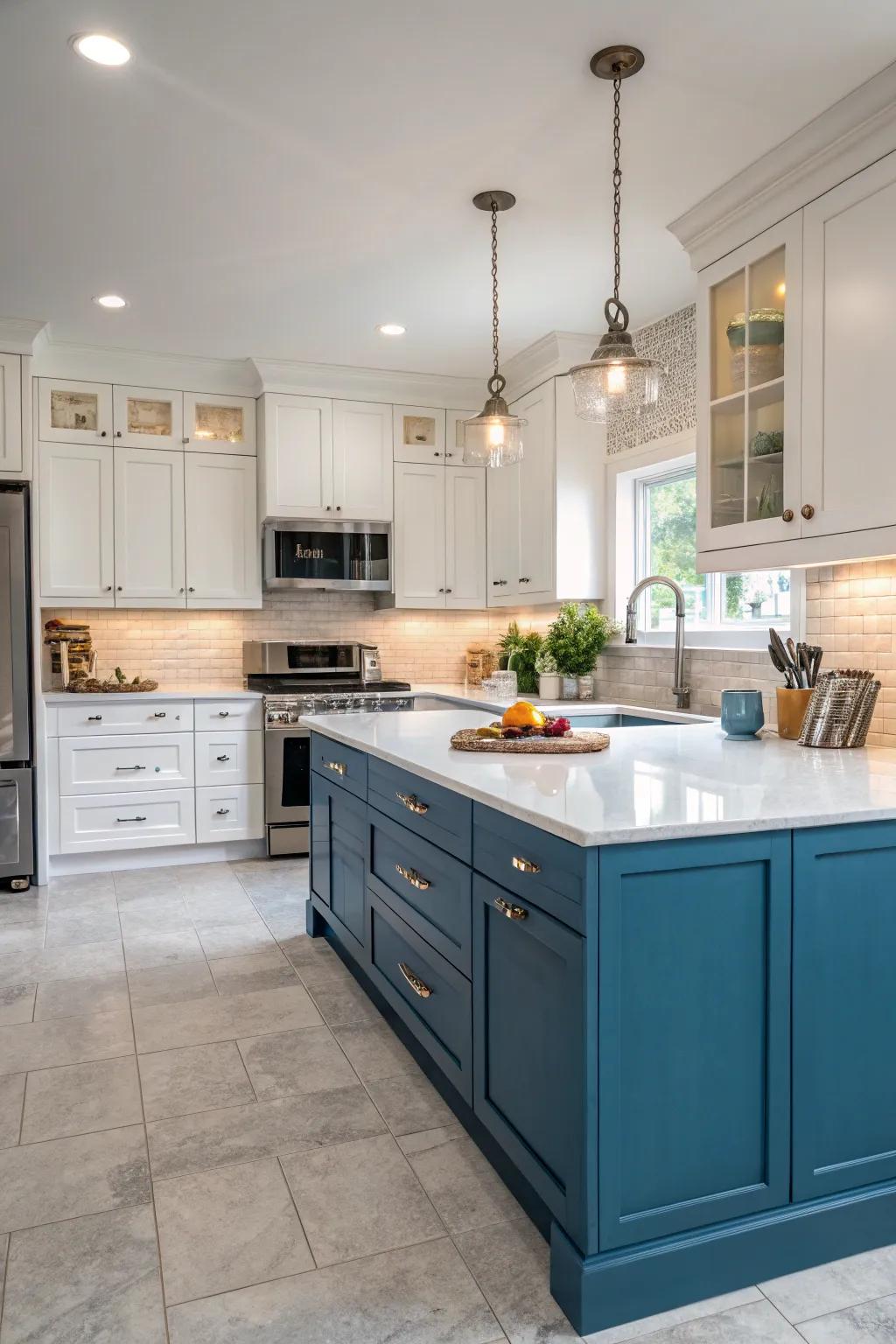A revitalizing kitchen showcasing a two-tone blue and white cabinet arrangement.