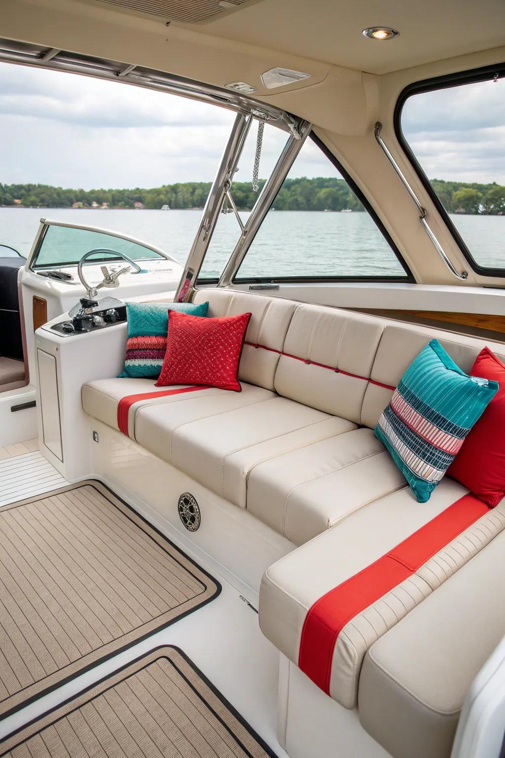 A perfect balance of neutral tones and bold accents for a timeless boat interior.