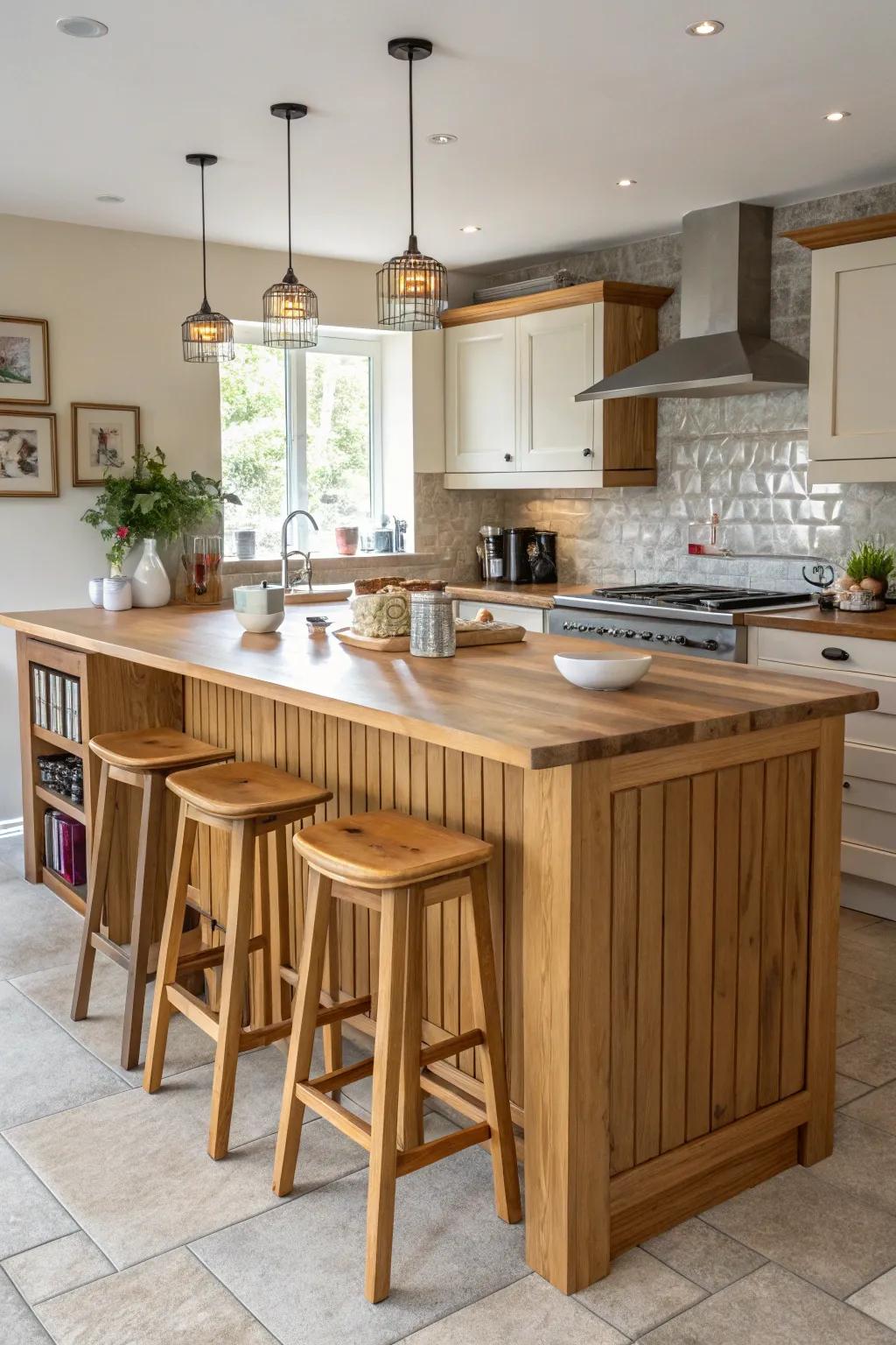 Warmth and elegance combine in a wooden breakfast bar set in a cozy kitchen.