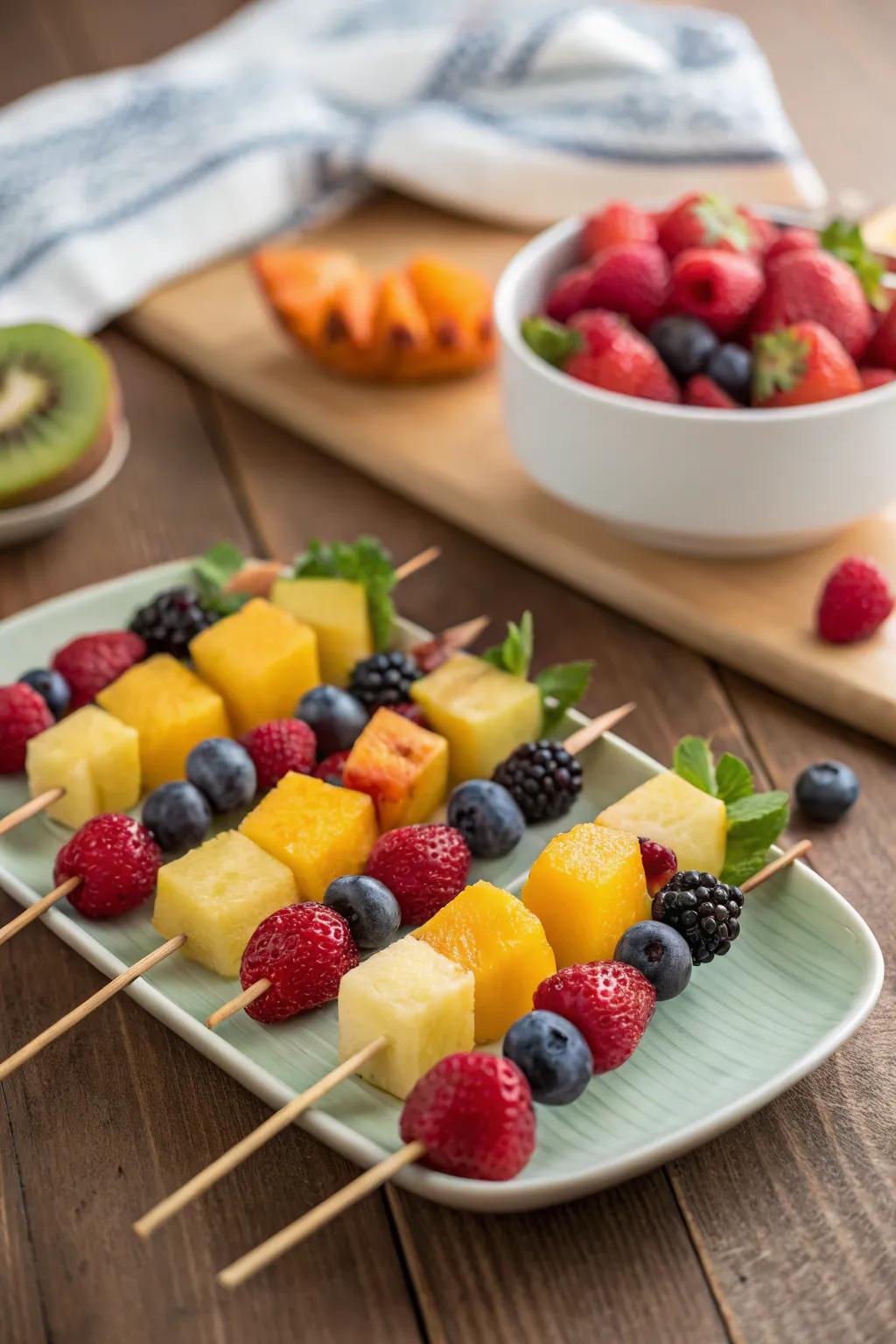 Bright fruit kabobs for a refreshing brunch zest.