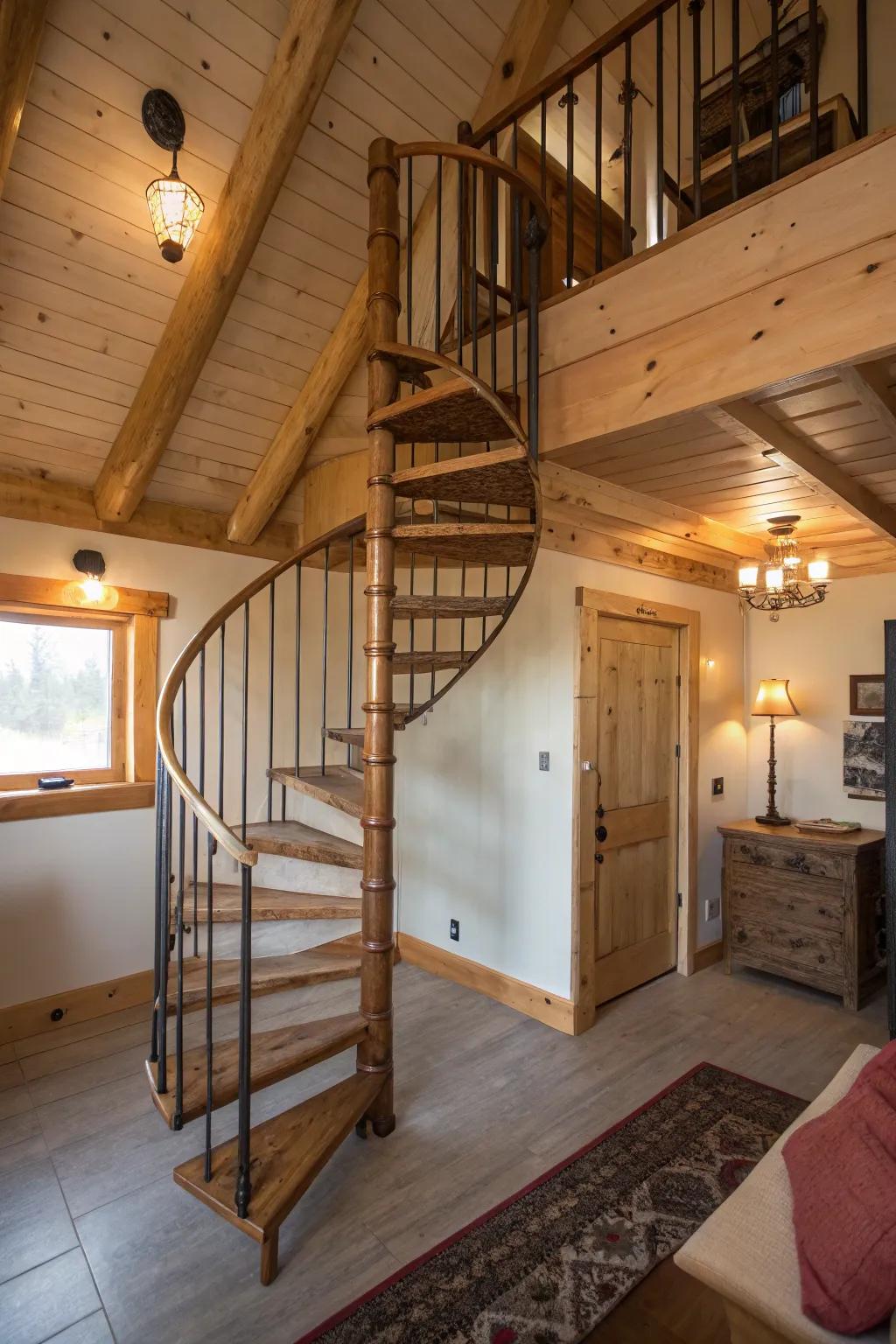 A spiral staircase adds both style and functionality to a compact cabin interior.