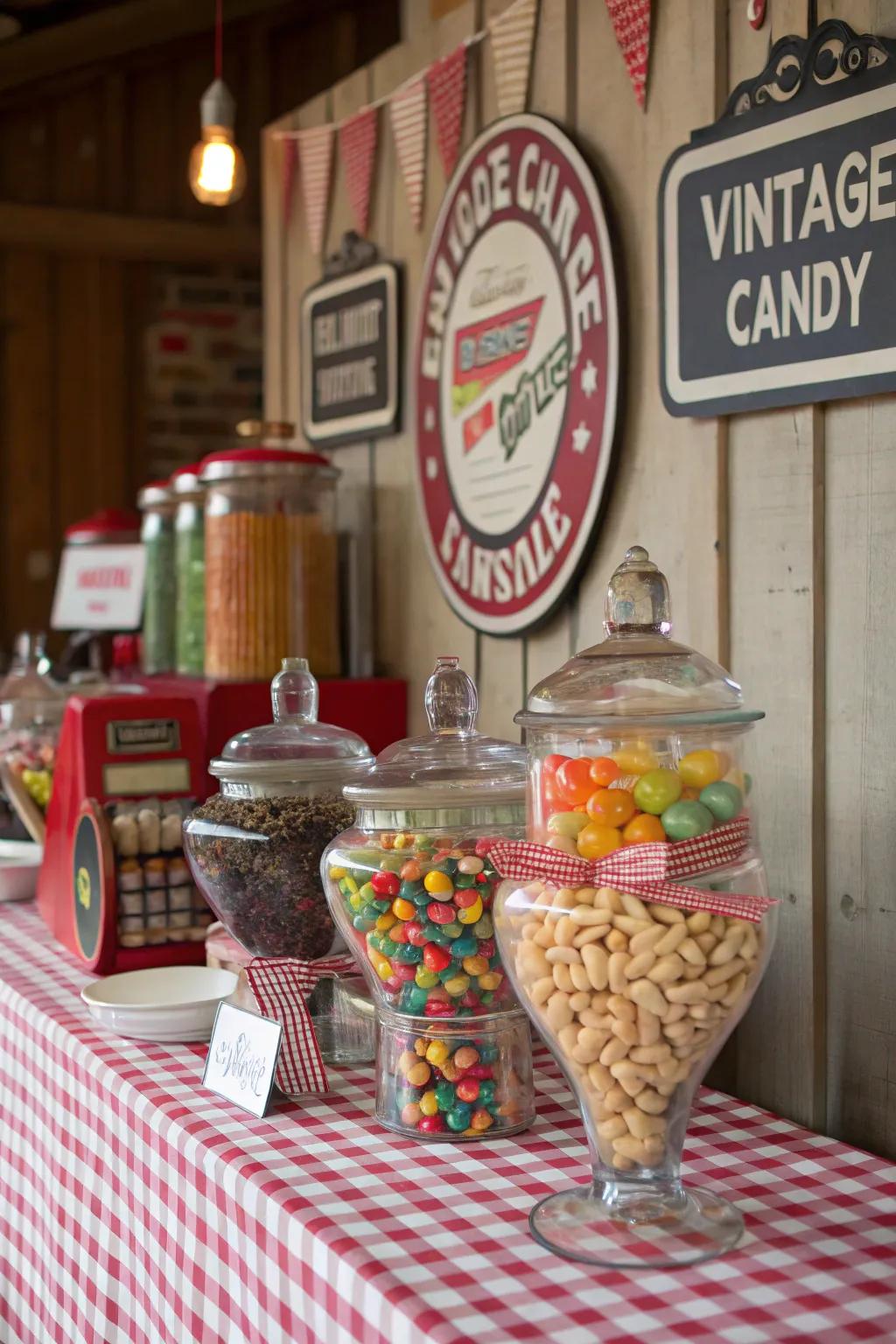 Step back in time with this charming retro candy bar featuring vintage treats.