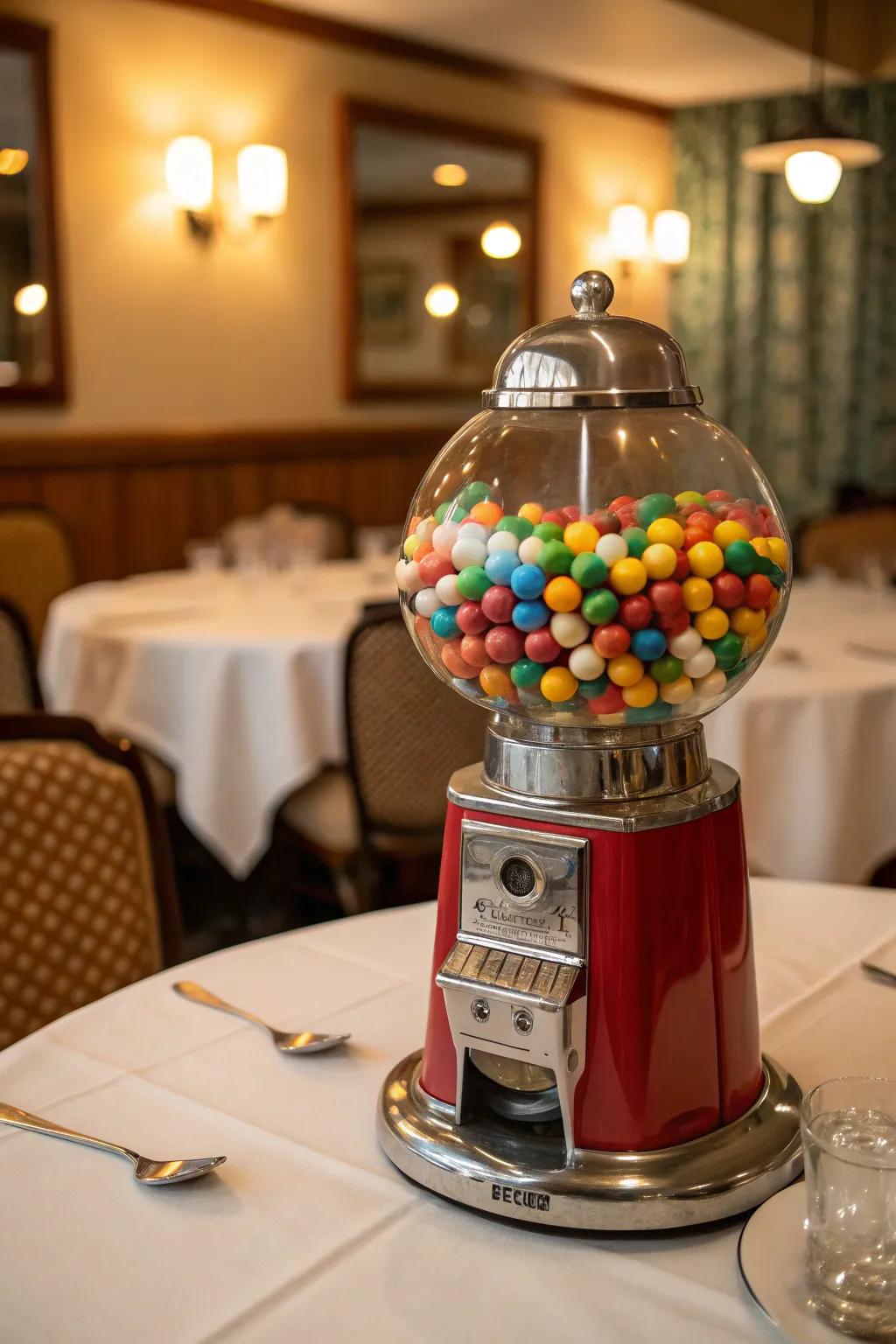 A gumball machine filled with colorful gumballs adds delightful nostalgia.