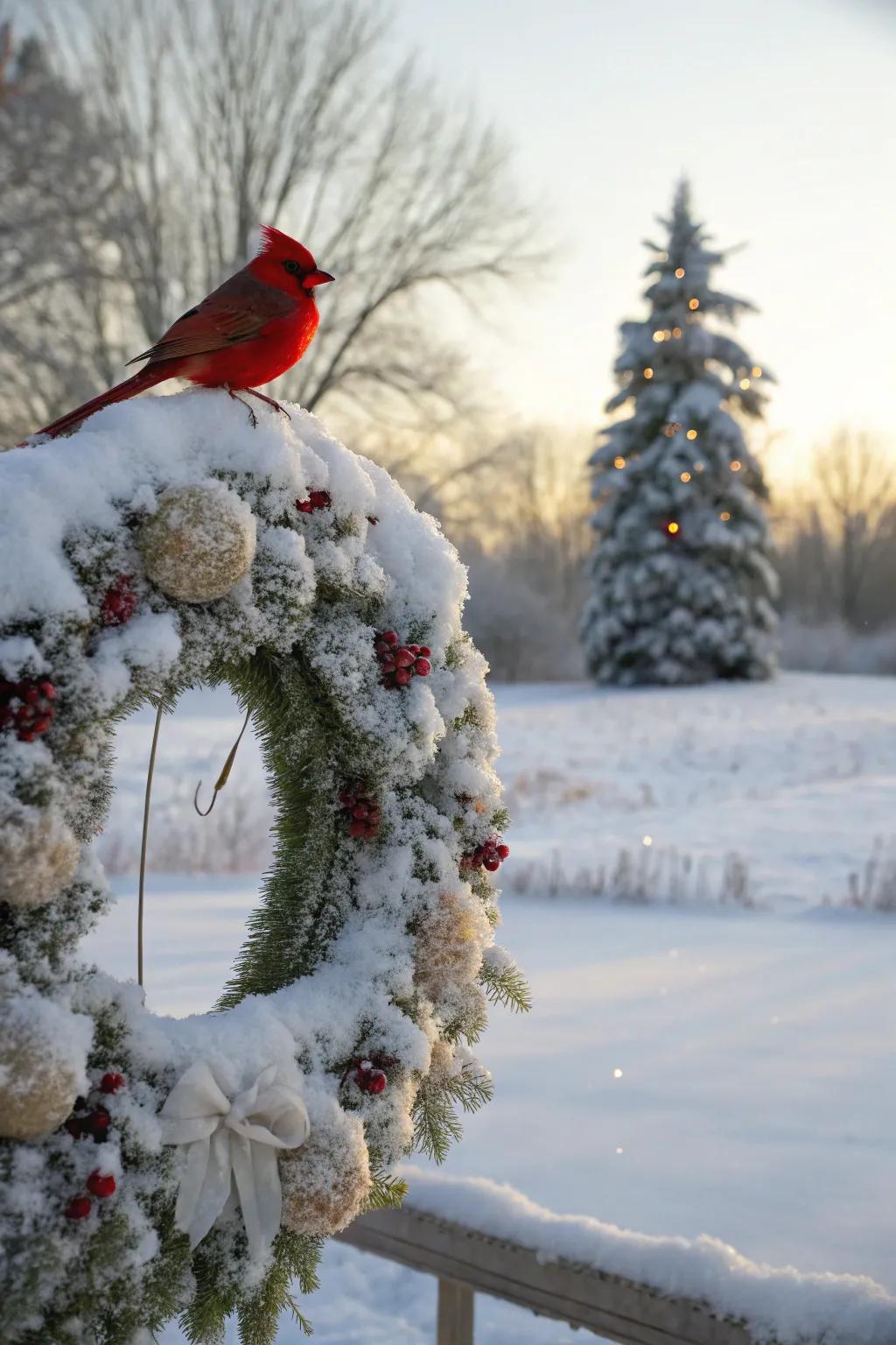 A snow-covered cardinal wreath shimmering with winter's enchantment.