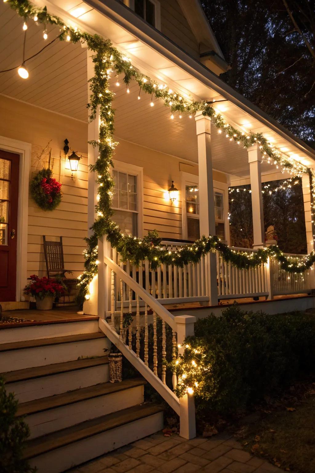 A front porch adorned with garlands and lights, creating a festive entrance.