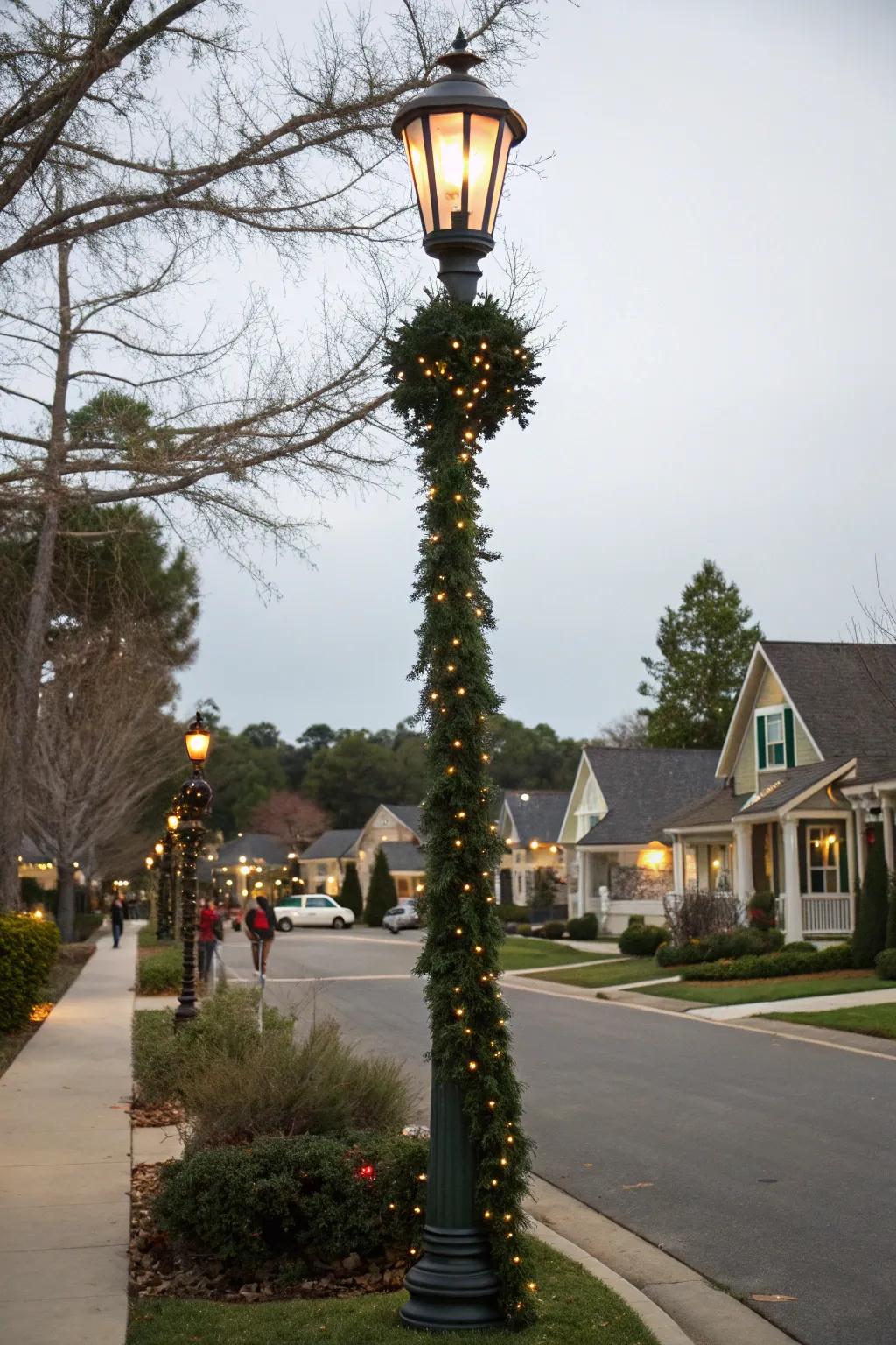 A lamp post adorned with lush garlands and twinkling lights.