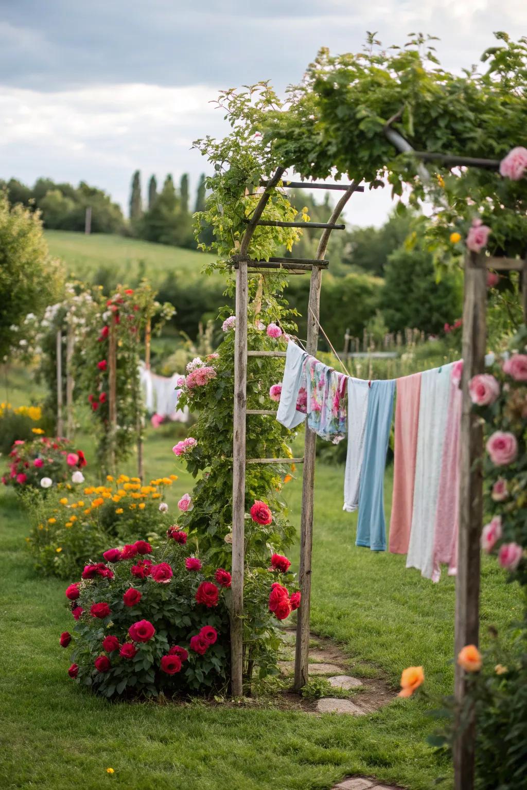 A garden clothesline adds a touch of floral charm to your laundry routine.