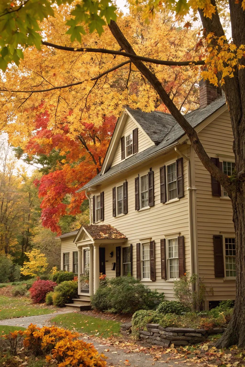 A colonial home radiating warmth in earthy shades, amplified by the enchanting backdrop of an autumnal landscape.
