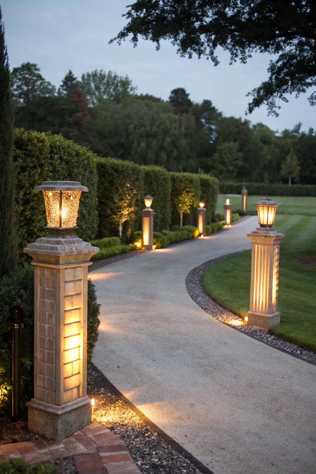 Construct a grand entryway with warmly illuminated columns.