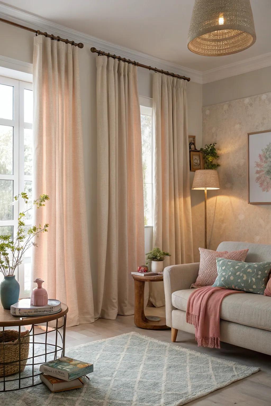 Gentle shades in cottage curtains deliver a calming and harmonious atmosphere.
