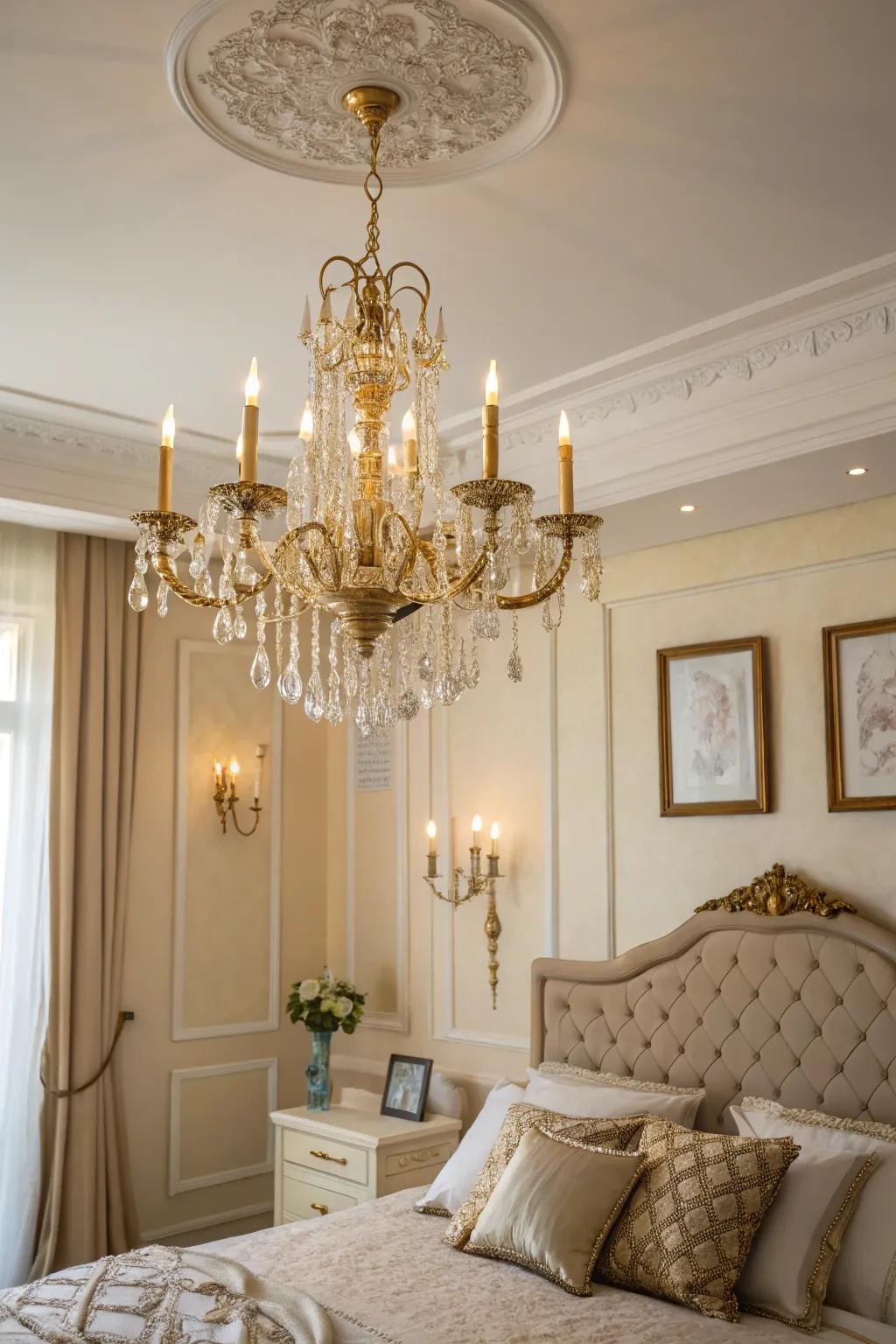 A statement chandelier enhances the room's opulence and charm.