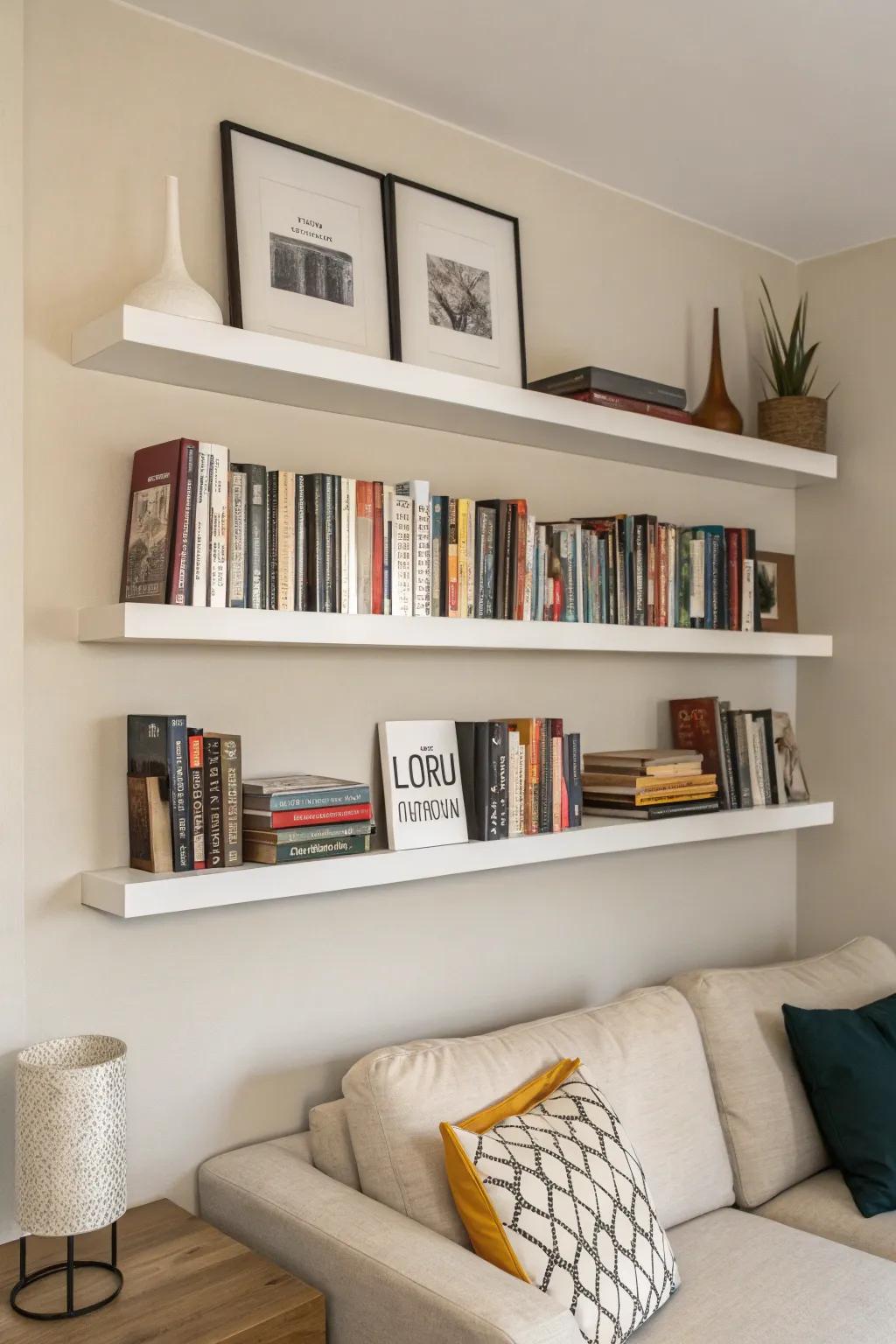 Floating shelves bring a touch of elegance and practicality to your book display.