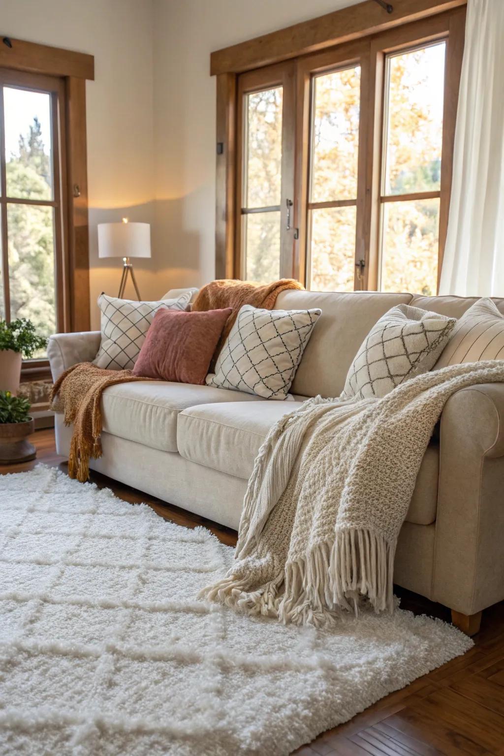 Lush fabrics like rugs and blankets introduce warmth into the area.