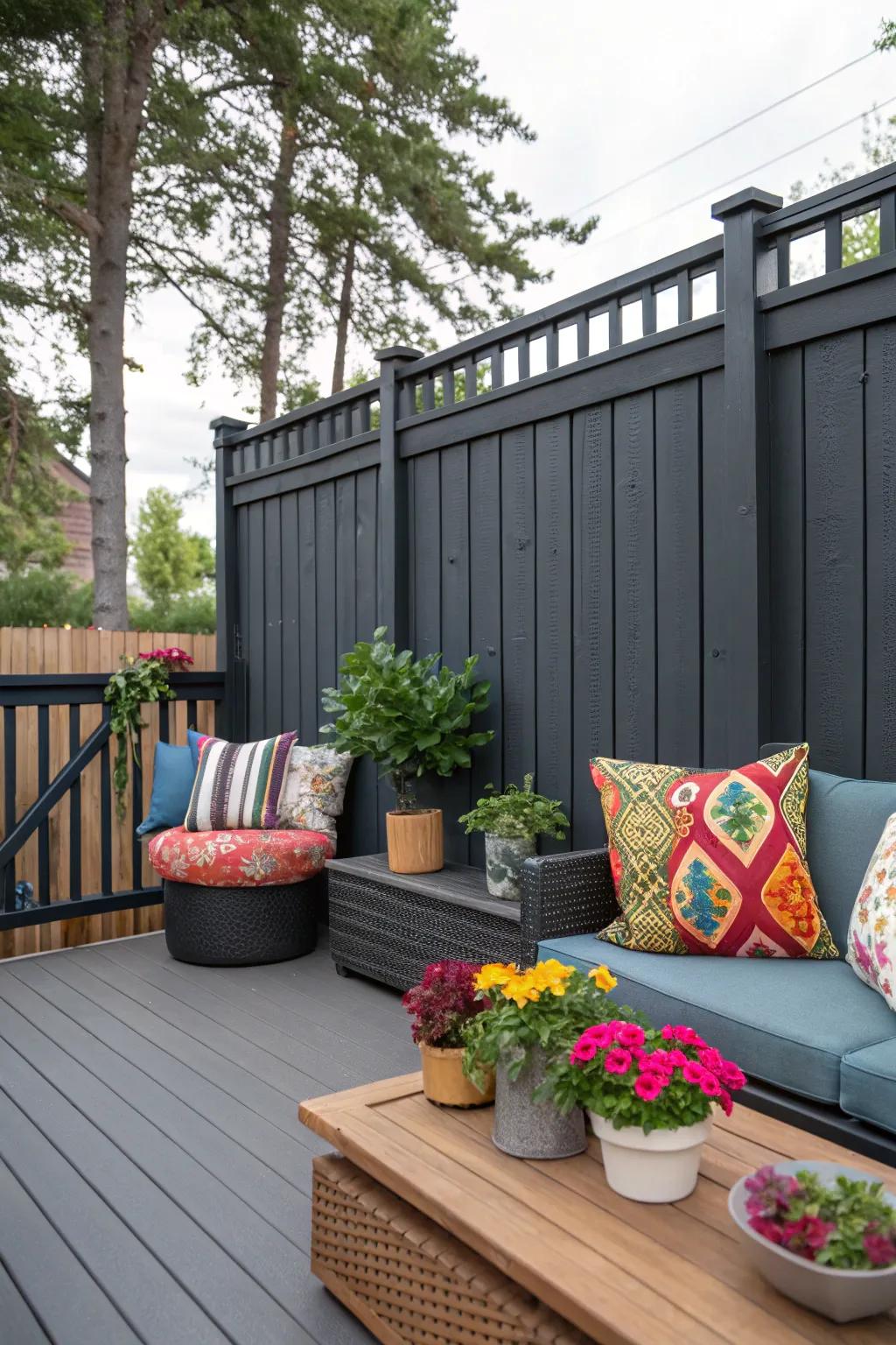 A cozy patio with a dark grey privacy fence accented by colorful cushions and planters.