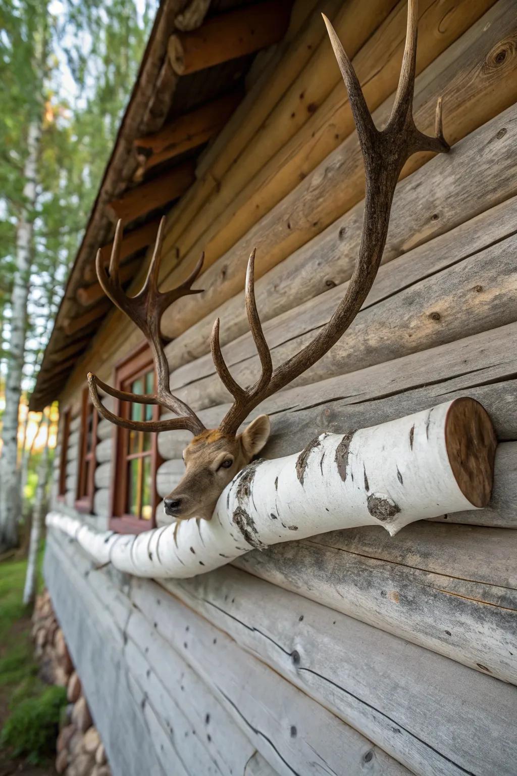 Deer antlers mounted on a white birch log bring rustic charm to a cozy cabin wall.