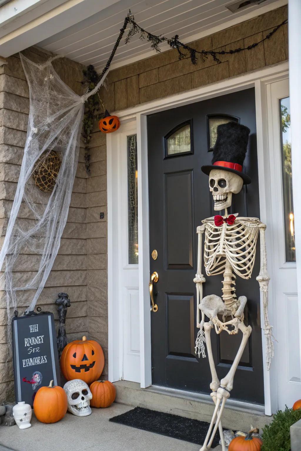 A skeleton greets visitors at this Halloween-themed door.