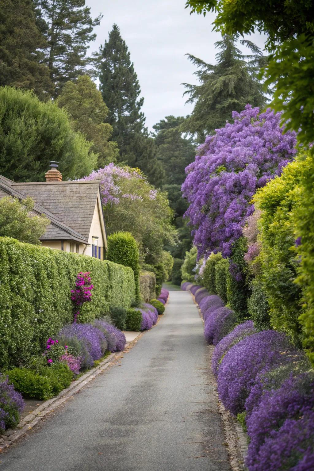 Lavender hedges lining a driveway, offering both beauty and fragrance.