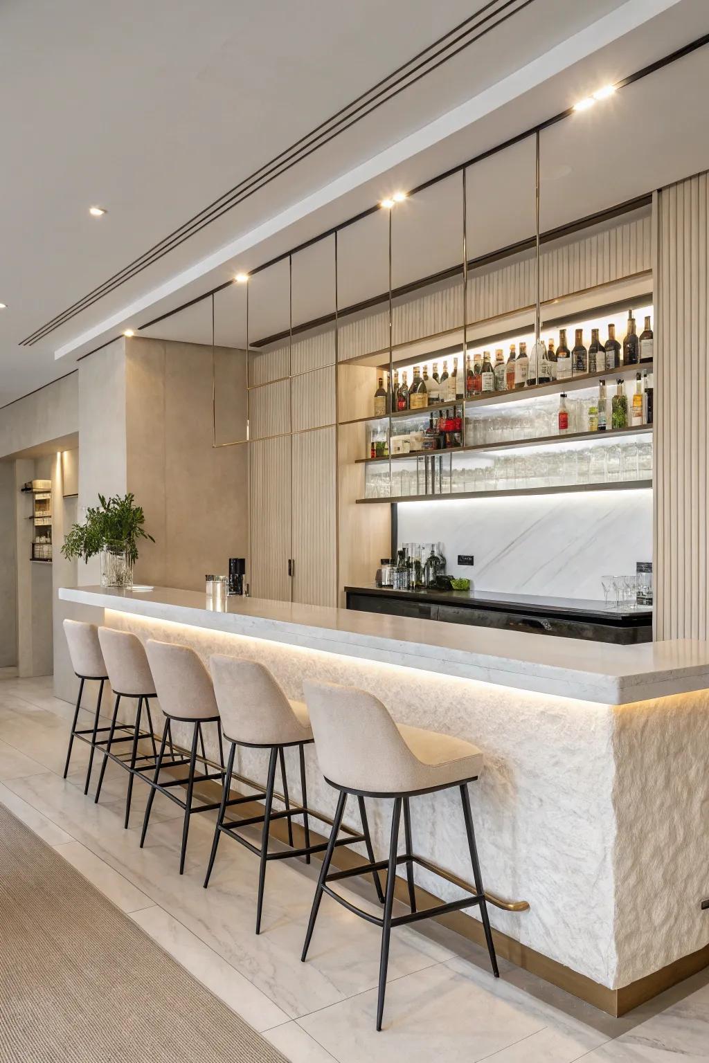 Modern minimalism brings a peaceful vibe to your home bar.