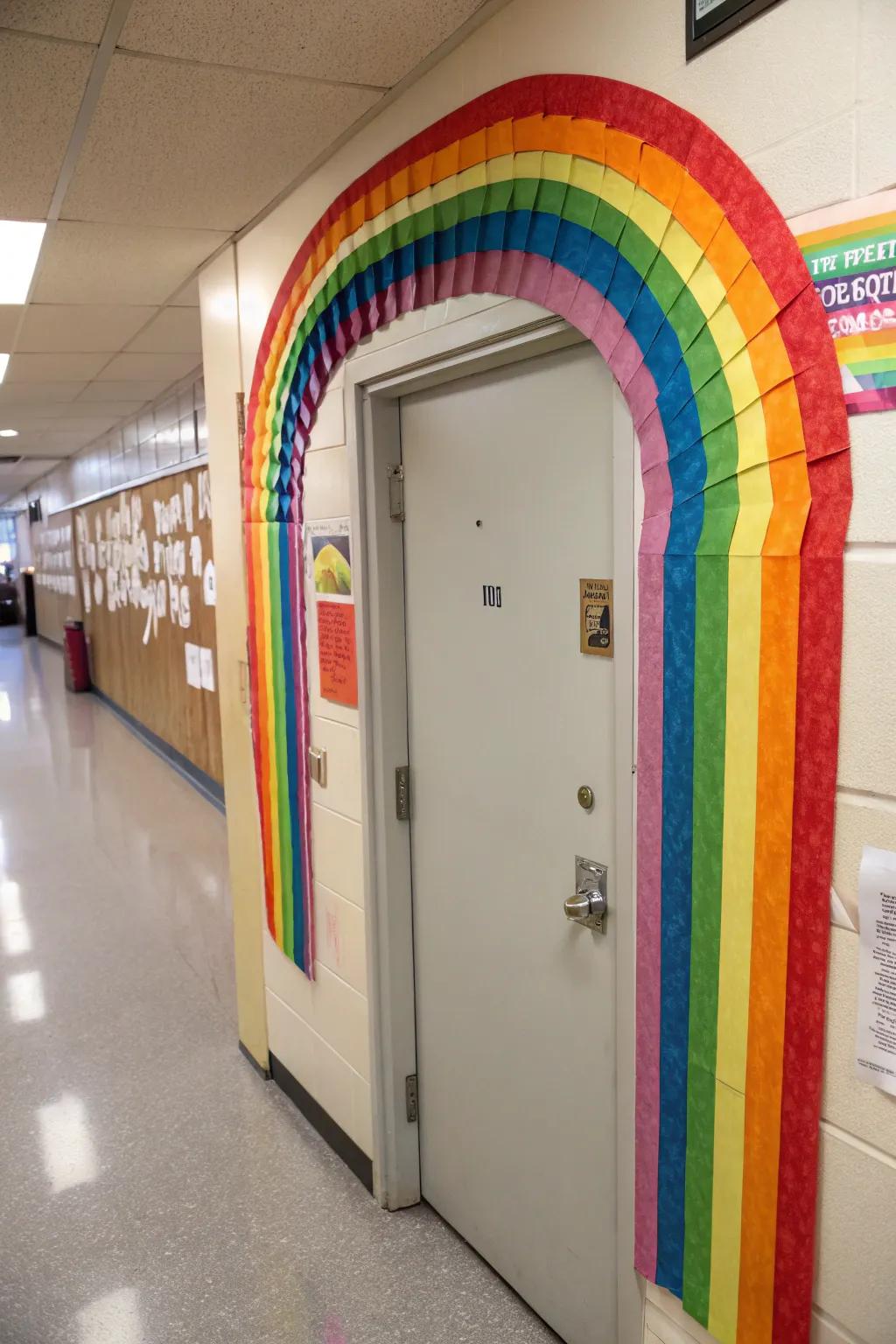 A rainbow of dreams arcs over a classroom door, sparking imagination and creativity.
