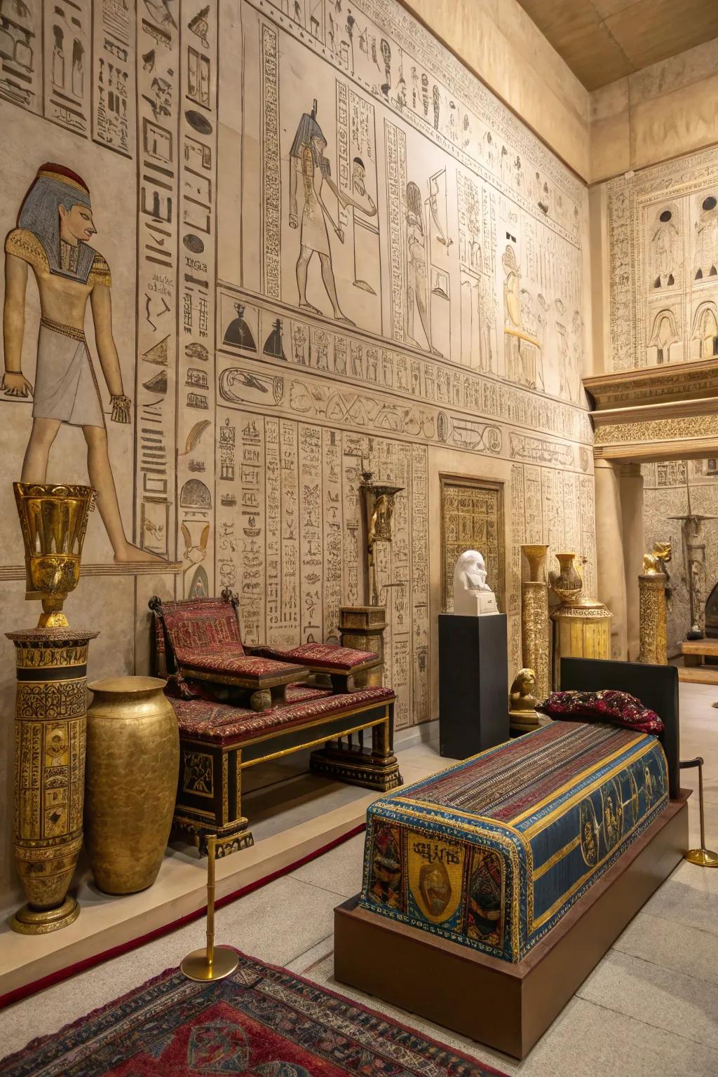 Hieroglyphic art transforms walls into story-rich canvases.