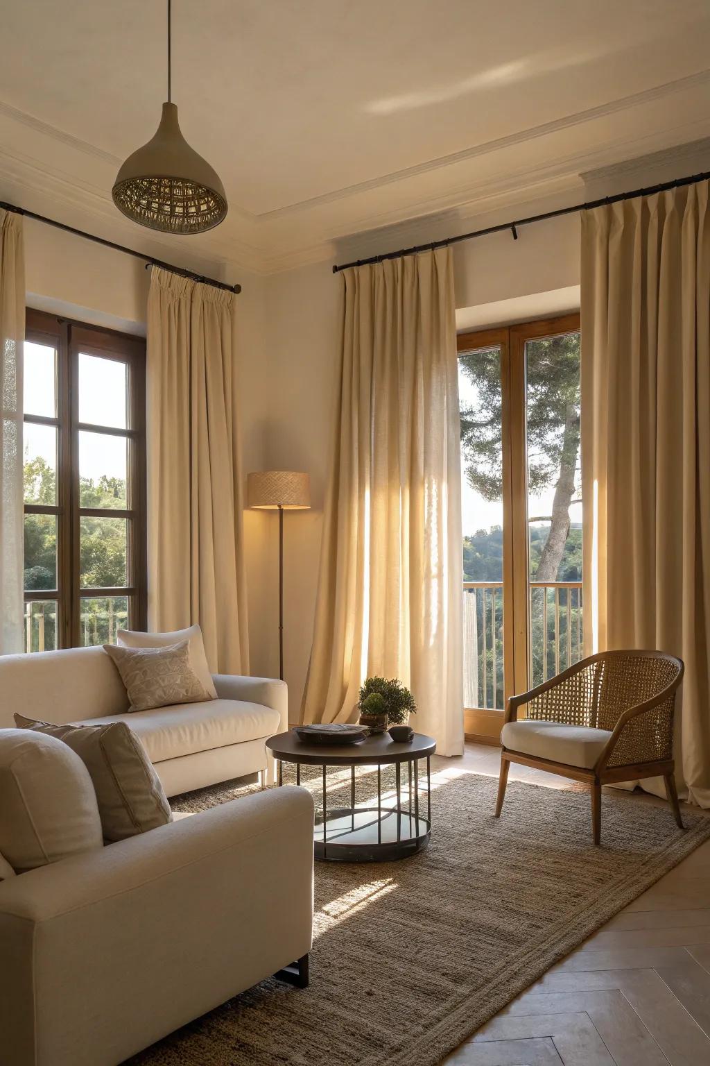 Neutral-toned curtains provide a serene backdrop in a minimalist setting.