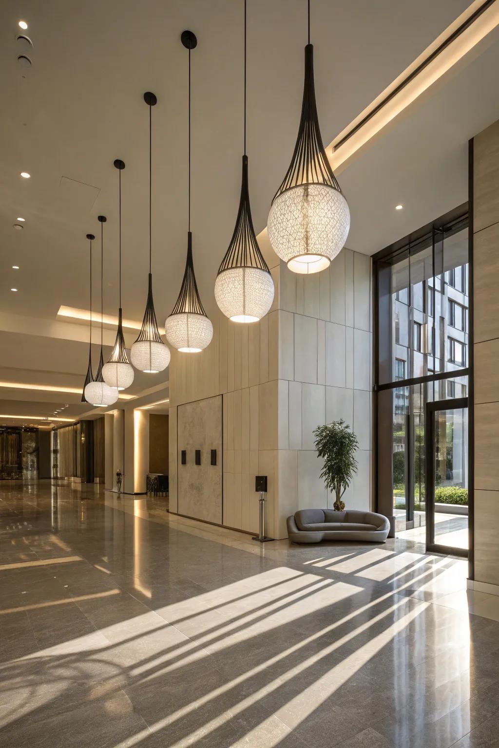 Pendant lights bring a modern edge to this entryway.