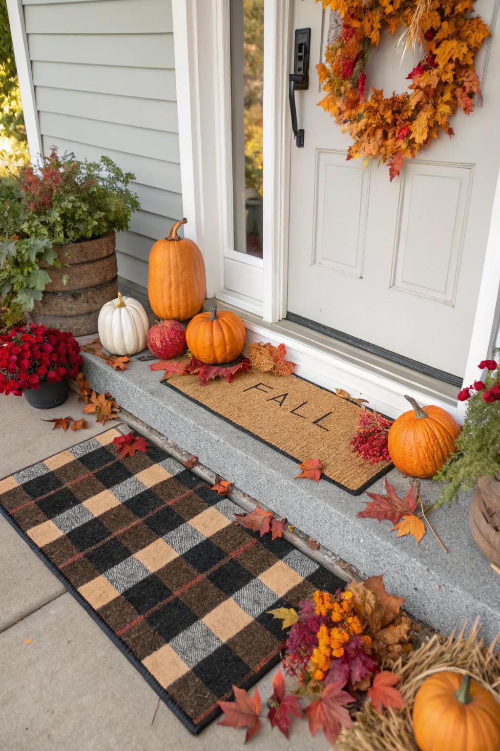 A cozy layered doormat setup with plaid accents.