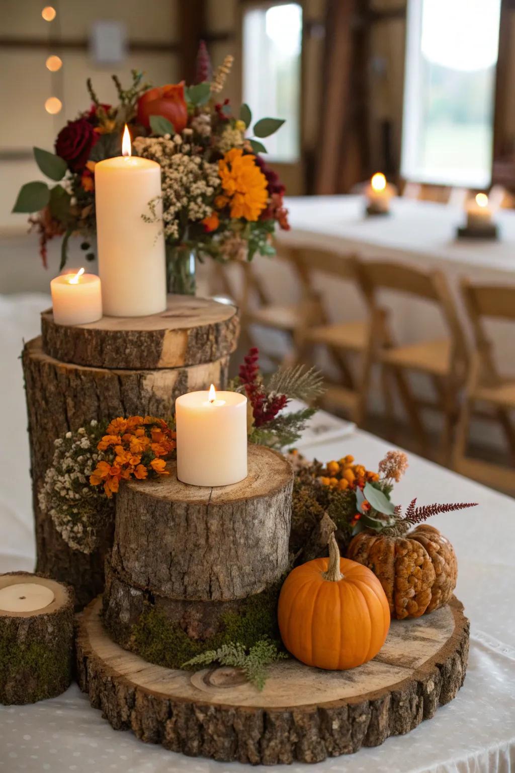 Wooden rounds adorned with candles and autumnal flowers create a warm and inviting centerpiece.