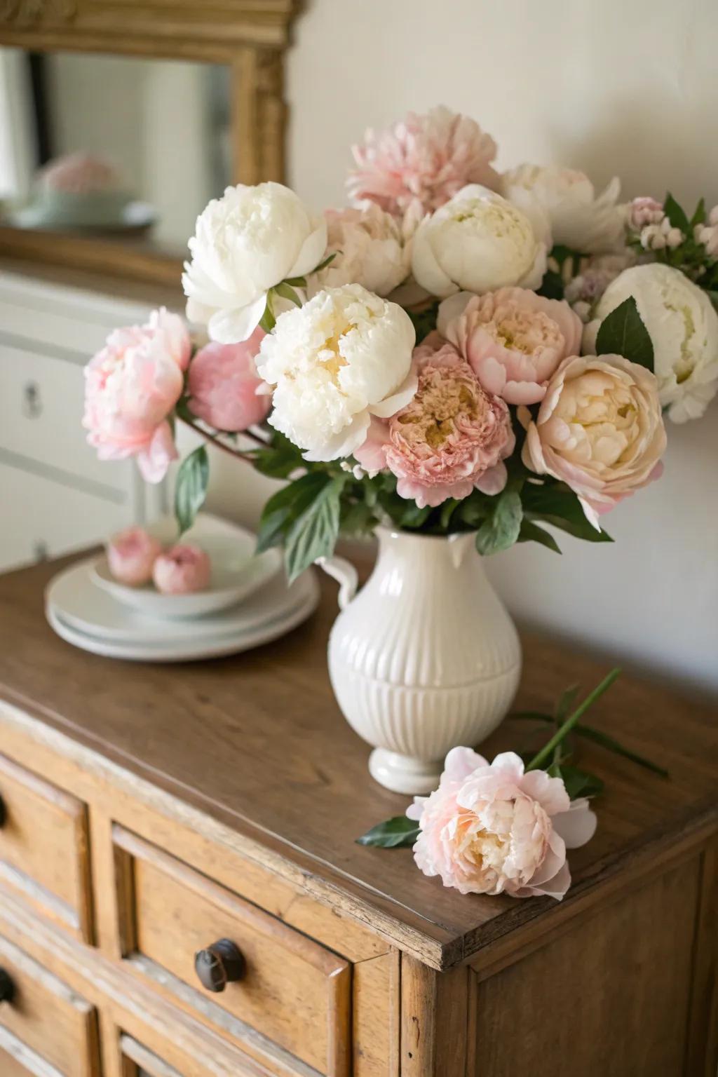 A dreamy peony arrangement in soft pastel tones.