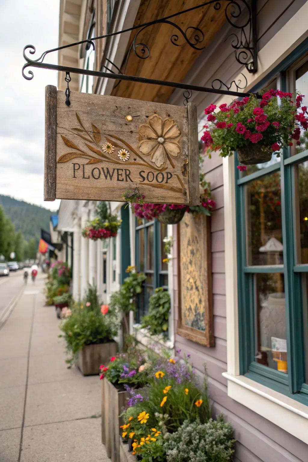 Weathered timber marker presenting classic refinement to the storefront